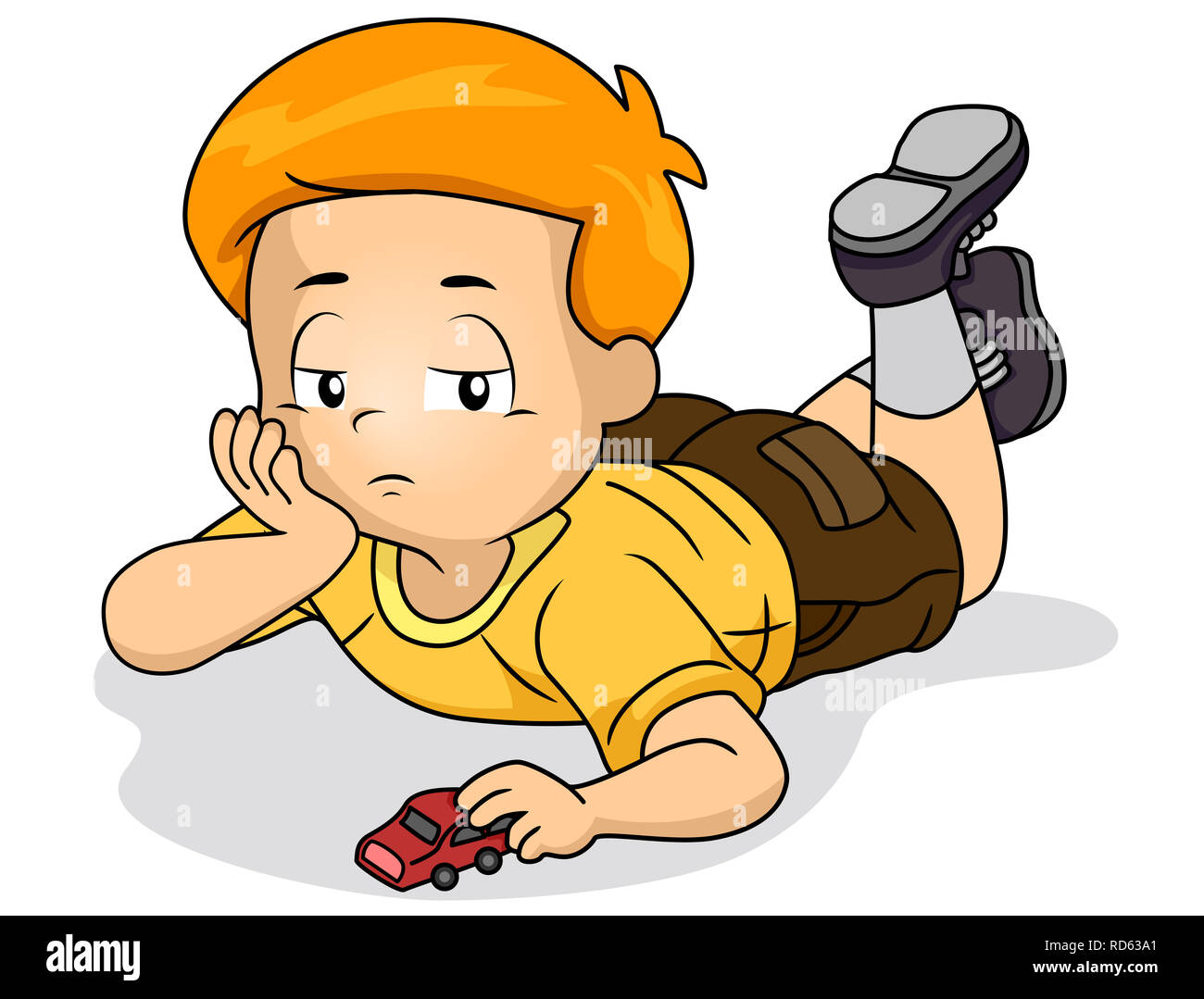 Ilustración de un aburrido Chico Boy jugando con coches de juguete