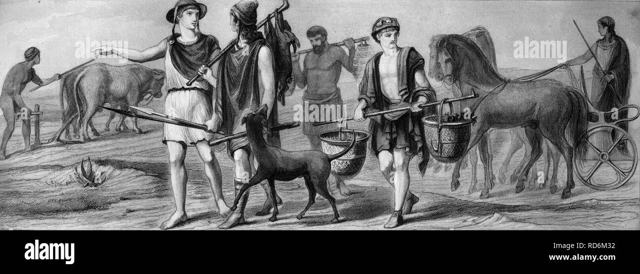 La vida en la antigua Grecia, desde la izquierda: mercado de agricultor, pescador, vagón urbano ilustración histórica Foto de stock