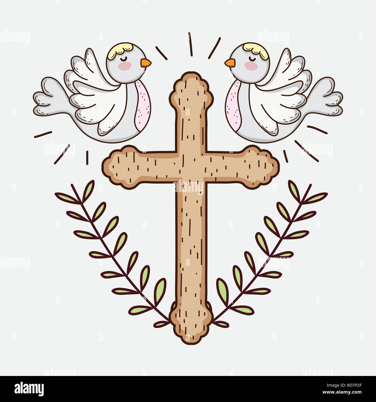 Primera comunión con la cruz y las palomas con ramas hojas Imagen Vector de  stock - Alamy