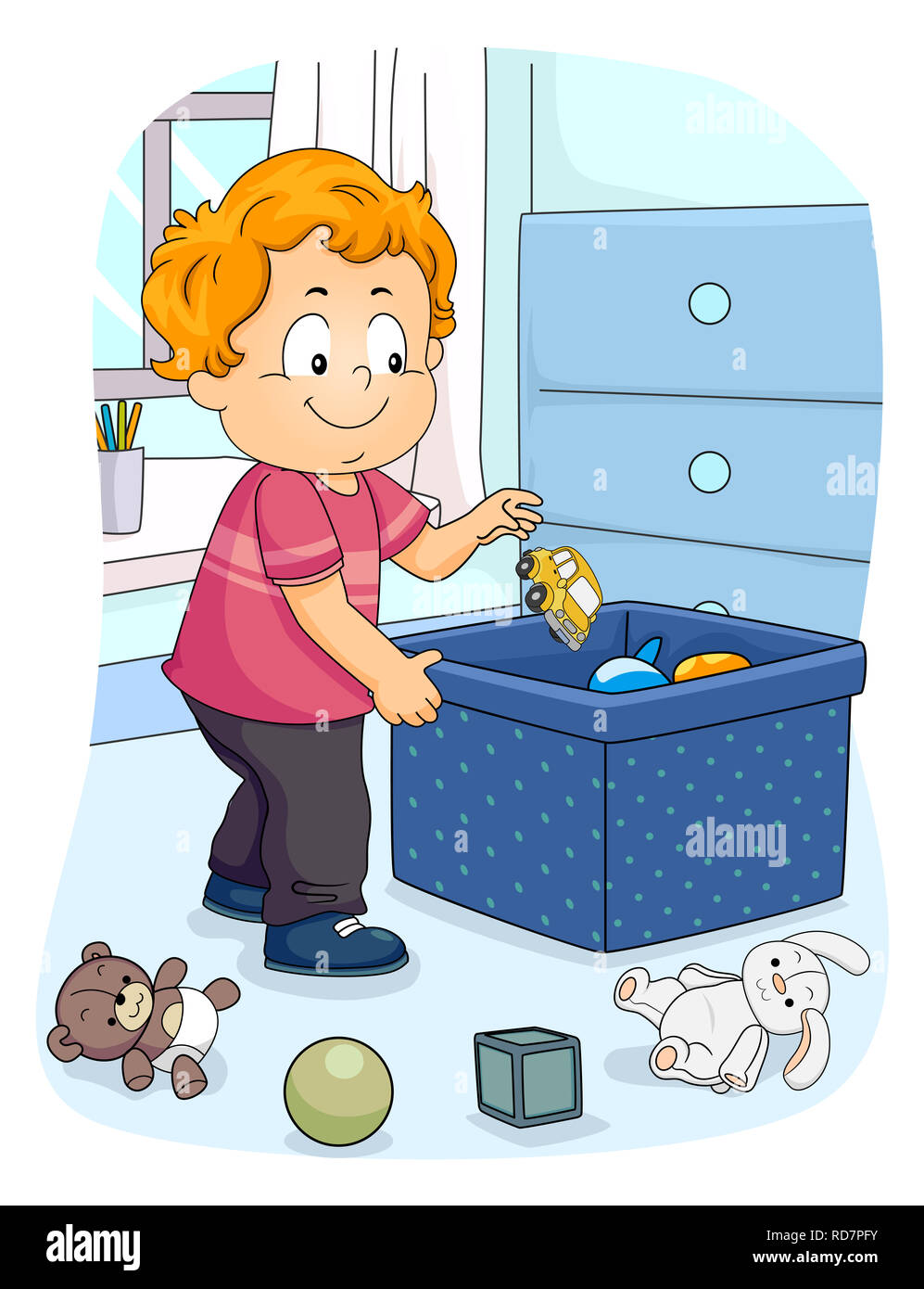 Ilustración de un niño Niño Niño recogiendo su juguete a almacenar en el  contenedor. Organizar las tareas domésticas Fotografía de stock - Alamy