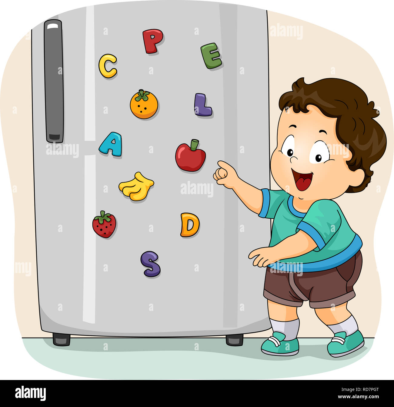 Ilustración de un niño Niño Niño mostrando su juguete Imanes Imanes con  frutas y letras Fotografía de stock - Alamy
