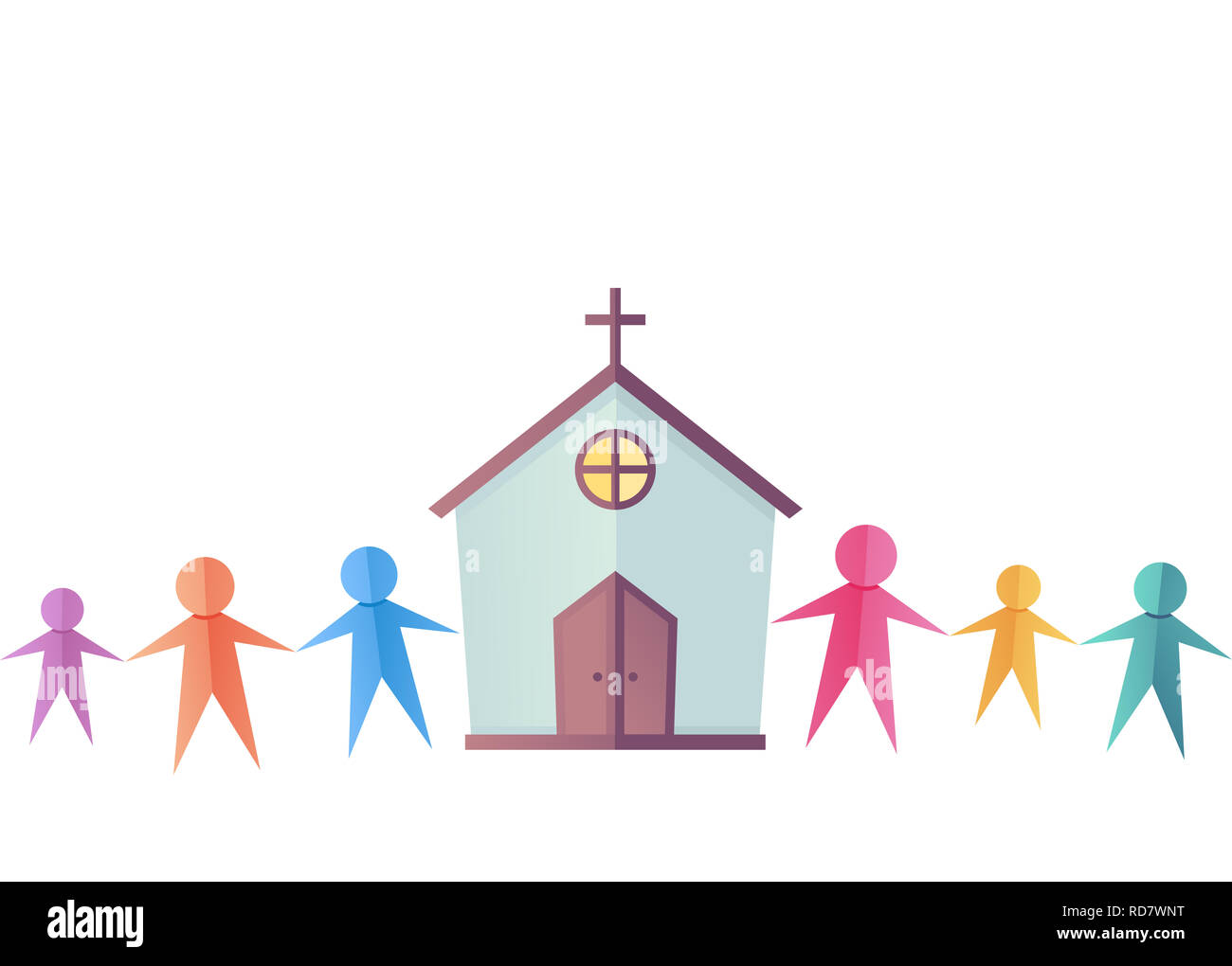 Ilustración de la gente recortes de papel con una iglesia. Comunidad religiosa Foto de stock