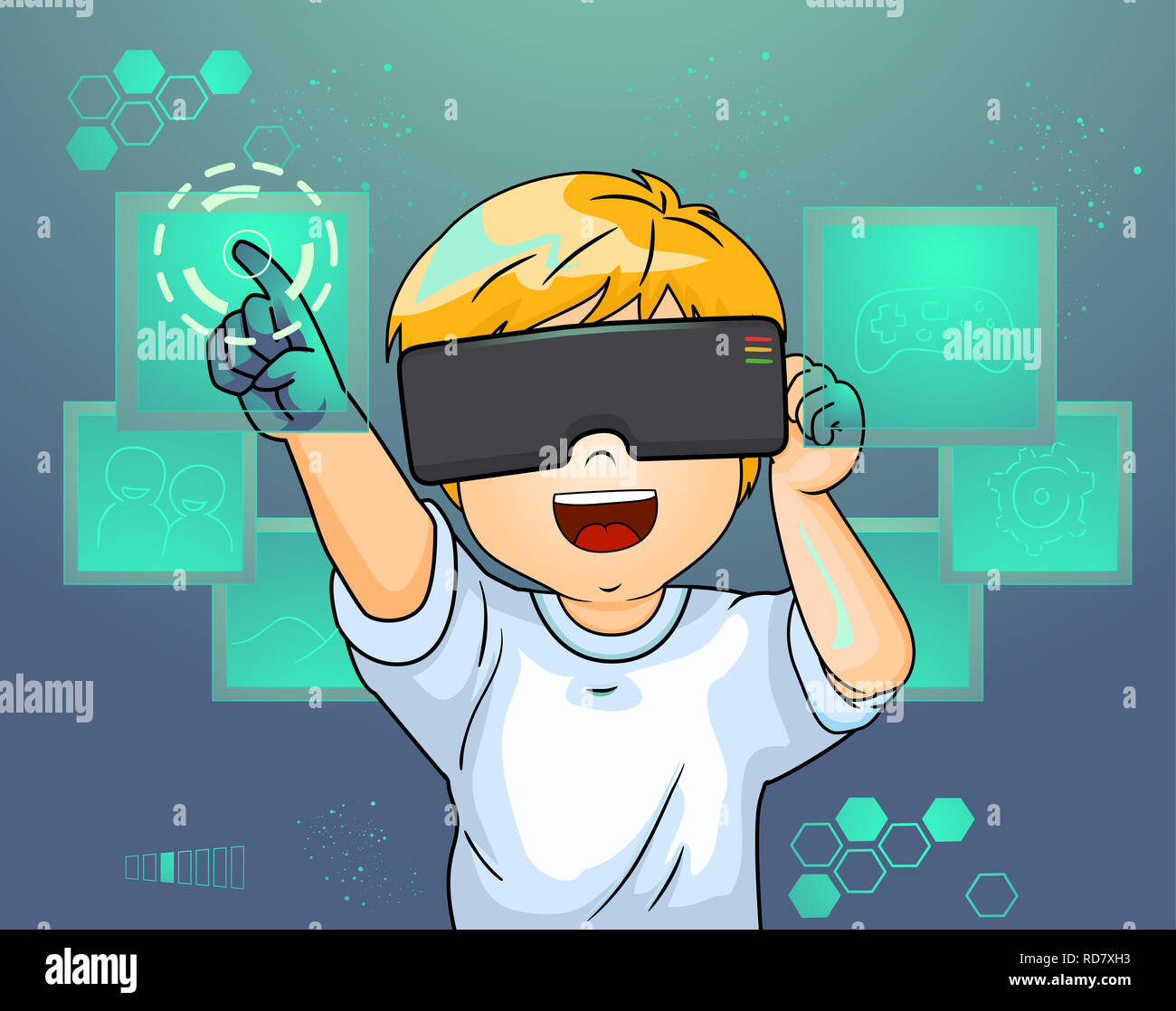 Ilustración de un niño chico llevaba una gafas de realidad virtual y  apuntando a una pantalla imaginaria Fotografía de stock - Alamy