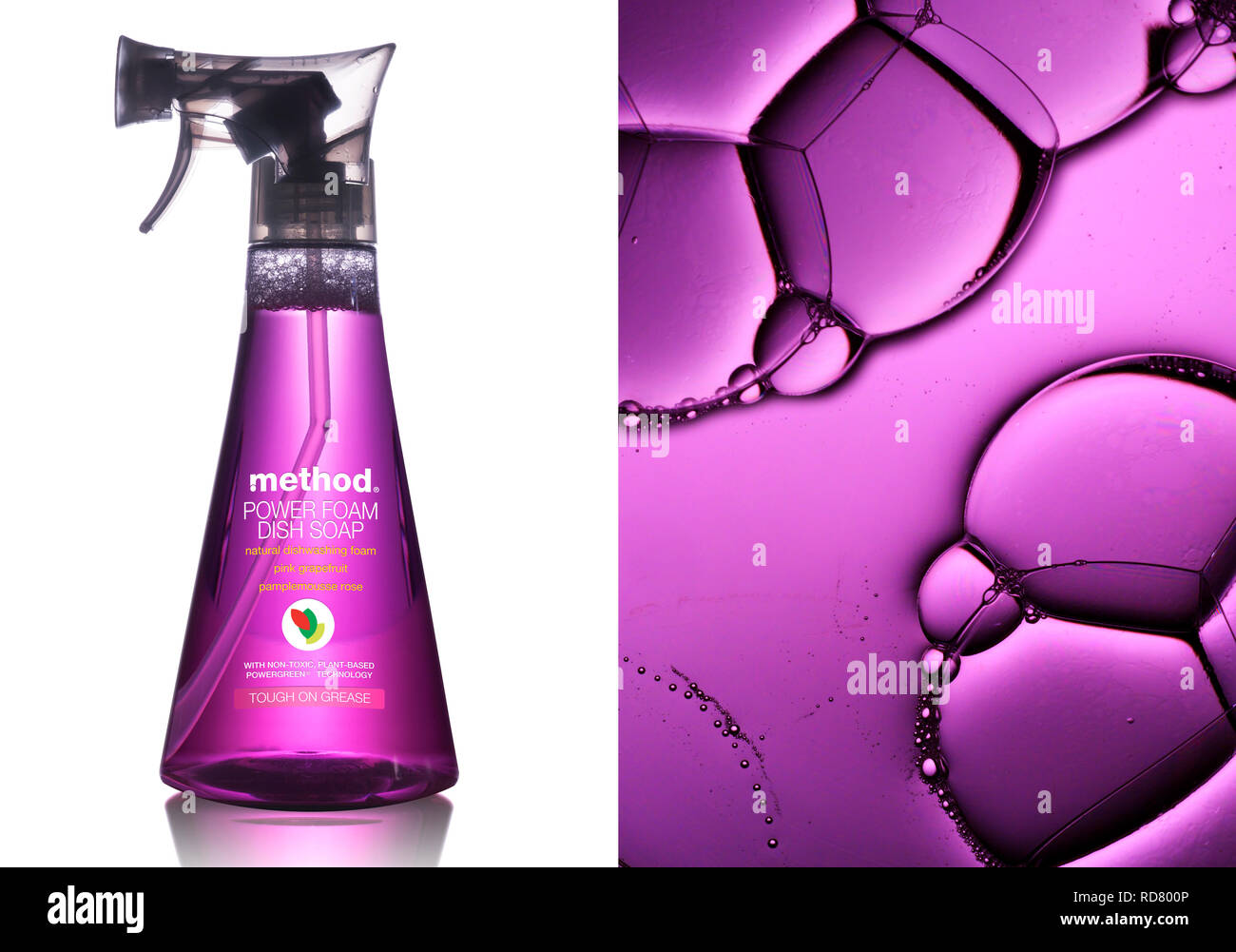 Imagen dividida botella de detergente y burbujas, Foto de estudio Foto de stock