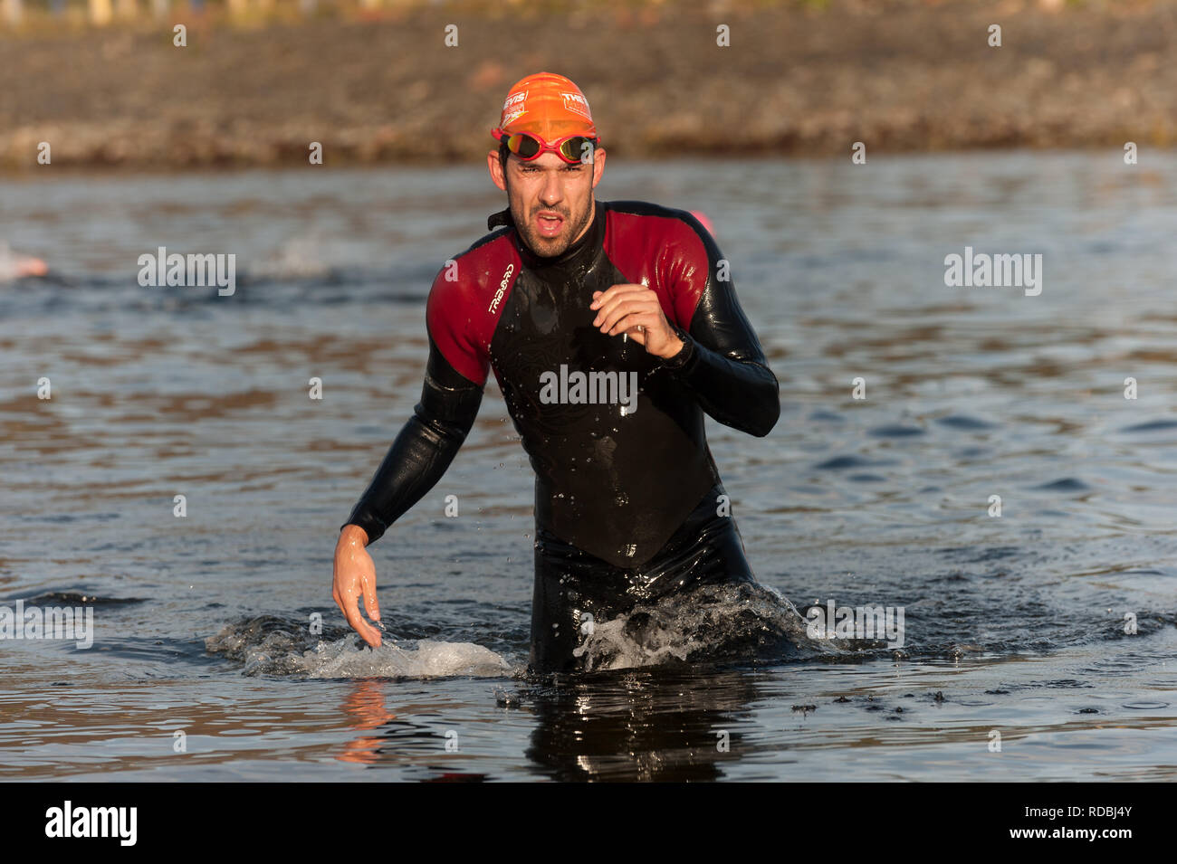 Macho de salir agua después de natación Triatlón Ben Nevis etapa Loch Linnhe Fort William U.K. Foto de stock