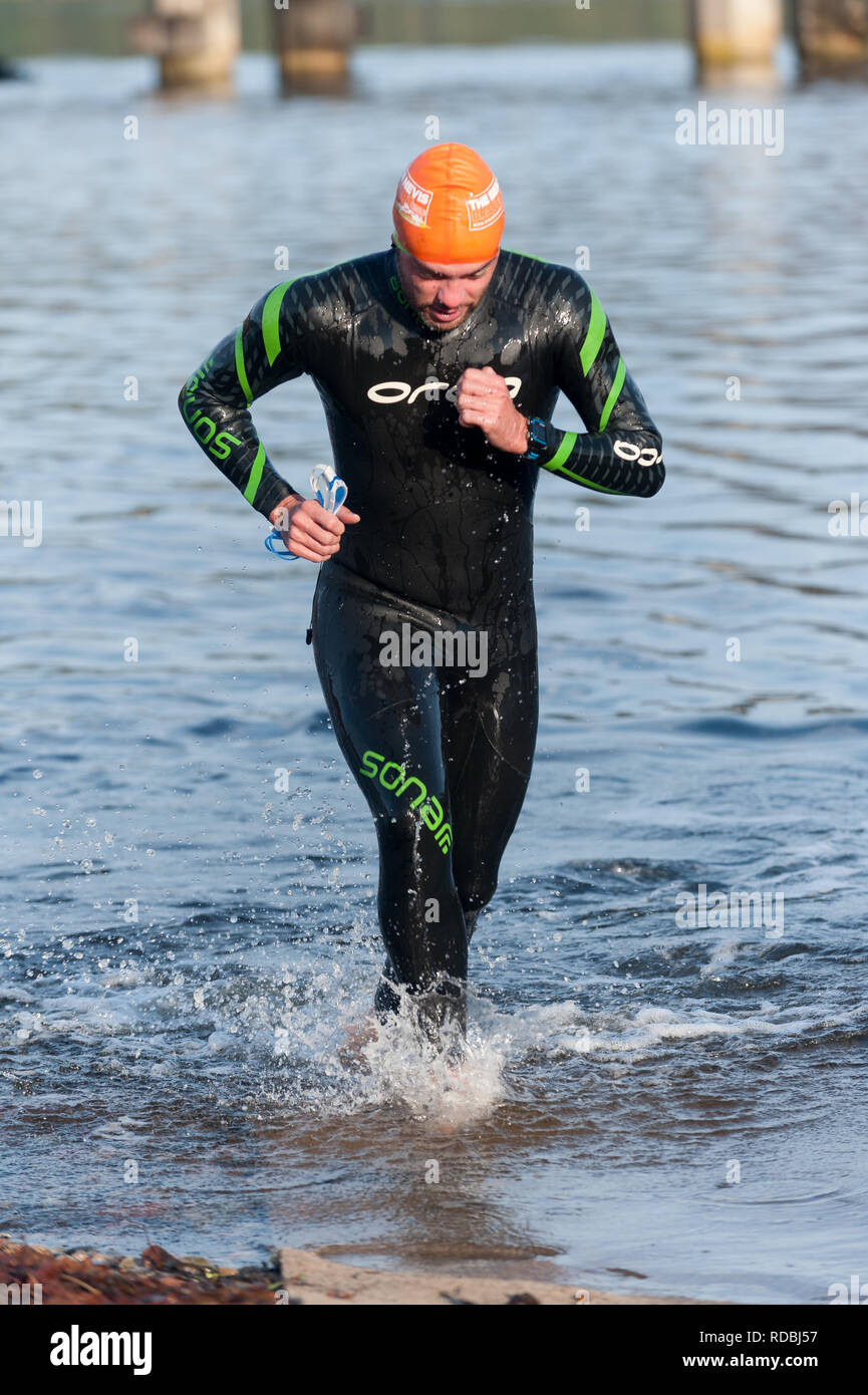 Macho de salir agua después de natación Triatlón Ben Nevis etapa Loch Linnhe Fort William U.K. Foto de stock