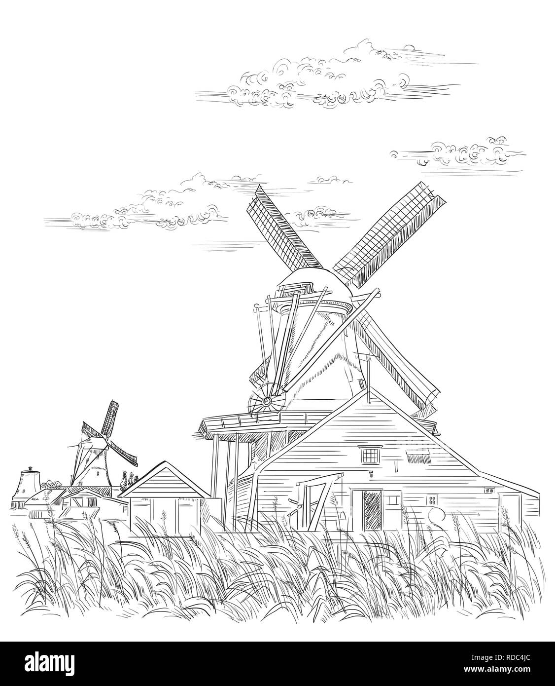 Dibujo a mano ilustración vectorial de molino en Amsterdam (Países Bajos, Holanda). Hito de Holanda. Dibujo a mano ilustración vectorial en colo negro Ilustración del Vector