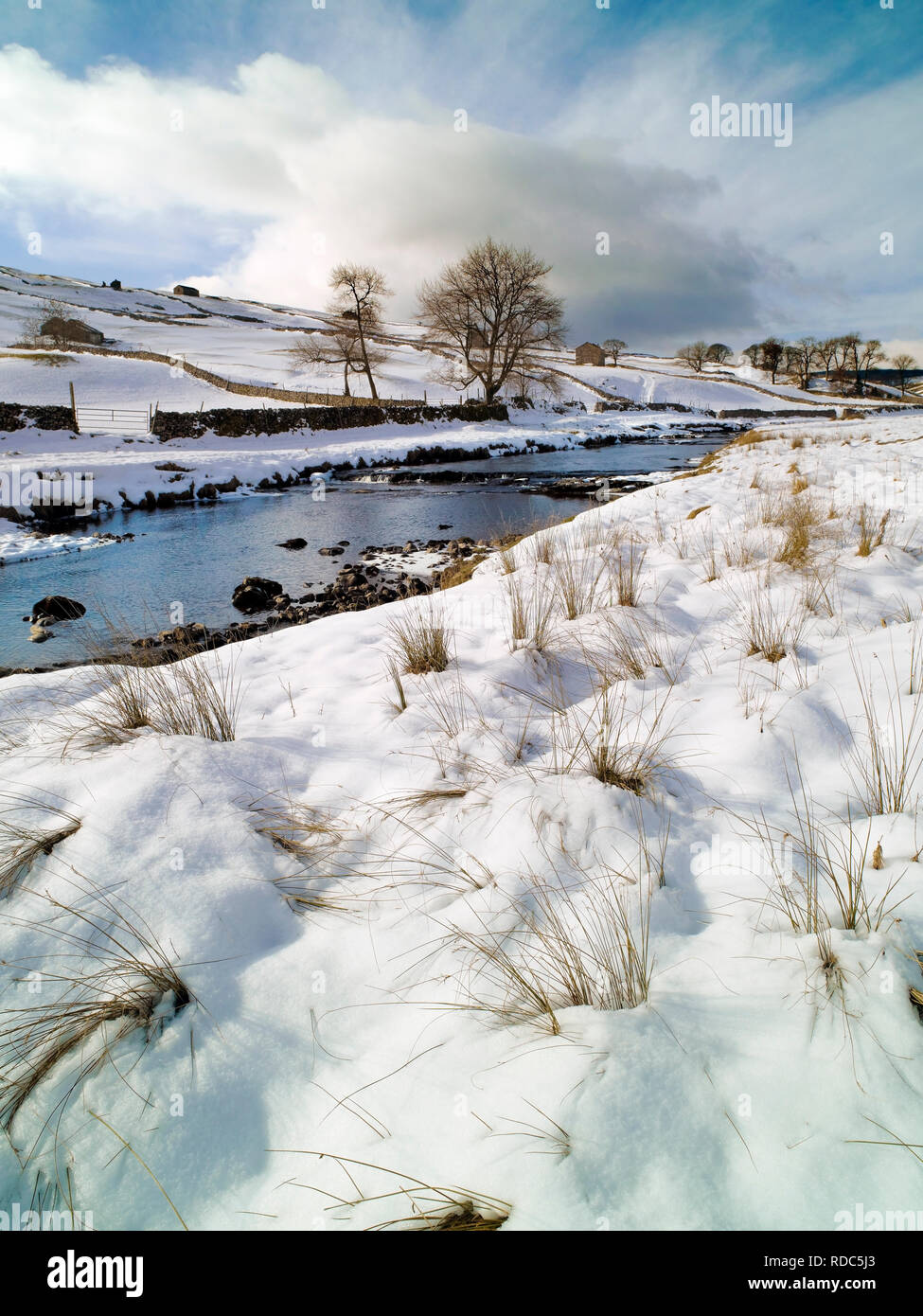 Una nevada vista del río Wharfe en Langstrothdale en los valles de Yorkshire. Foto de stock