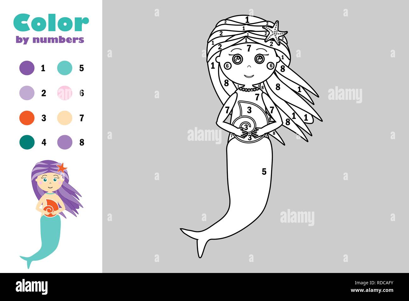 Sirena de estilo de dibujos animados, color por número, papel del juego  educativo para el desarrollo de los niños, la página para colorear, los  niños en edad preescolar, la actividad wor imprimible