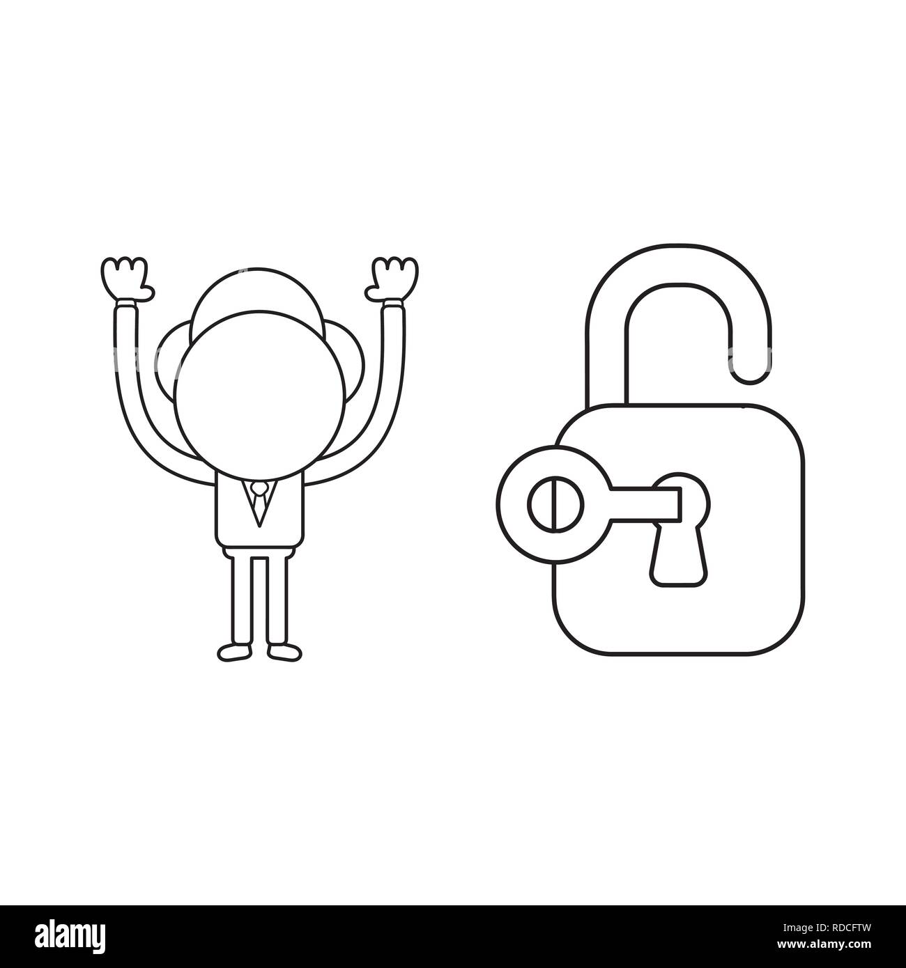 Ilustración vectorial empresario personaje desbloquear Candado con llave.  Contorno negro Imagen Vector de stock - Alamy