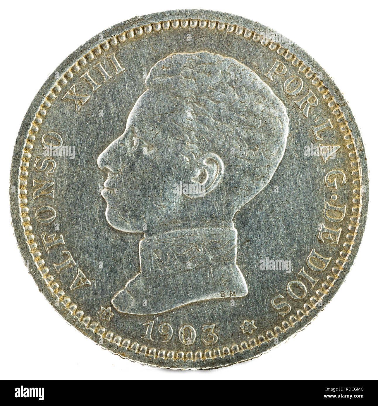 Antigua moneda de plata española del rey Alfonso XIII. 1 peseta. 1903, 19  de 03 en las estrellas. Anverso Fotografía de stock - Alamy