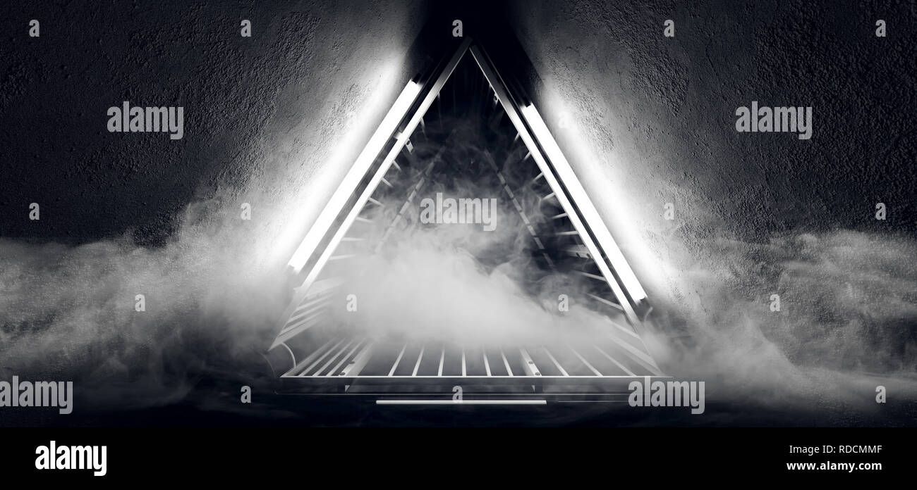 Sci Fi luces de neón brillante baile de la estructura de la construcción  metálica en forma de triángulo en la niebla de humo oscuro túnel de hormigón  Grunge Corredor espacio vacío Rende