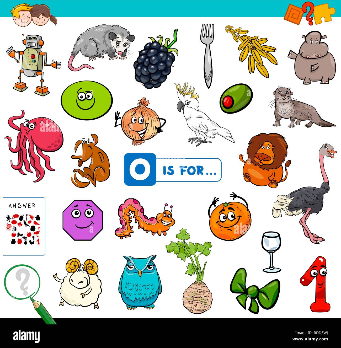 Ilustración de dibujos animados de encontrar la imagen que empiezan con la  letra O Libro de juegos educativos para niños Imagen Vector de stock - Alamy