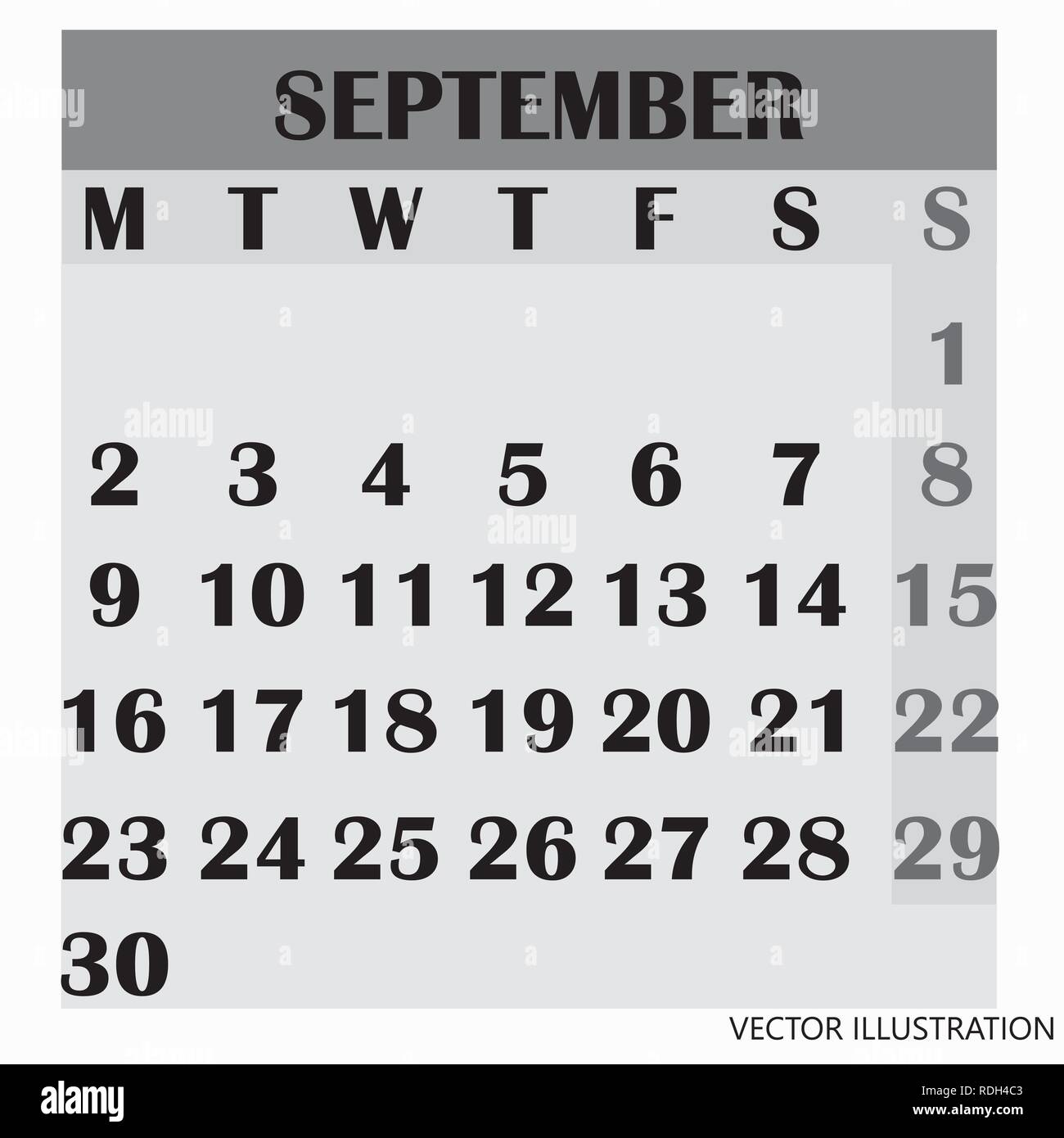 Diseño de calendario el mes de septiembre de 2019. Año 2019 Calendario.  Diseño sencillo para el calendario 2019. Calendario de organización y de  negocio. La semana comienza el lunes. Ilustración vectorial Imagen