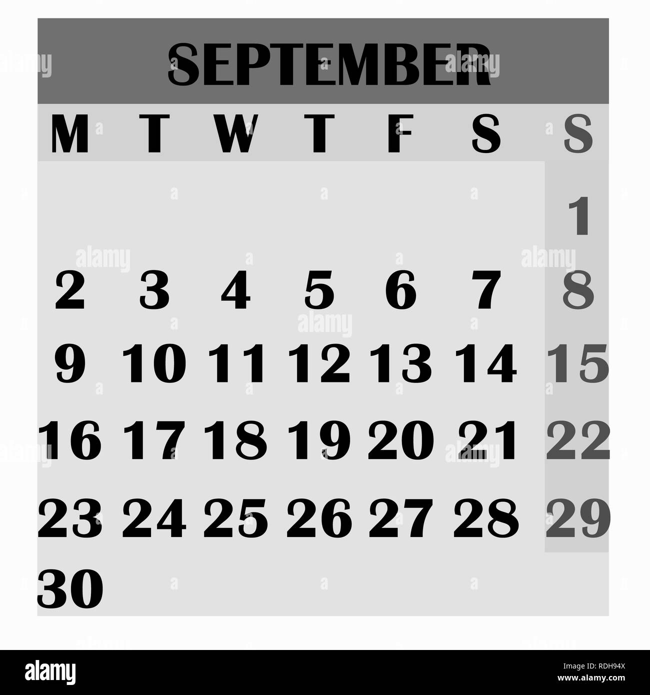 Diseño de calendario el mes de septiembre de 2019. Año 2019 Calendario.  Diseño sencillo para el calendario 2019. Calendario de organización y de  negocio. La semana comienza el lunes Fotografía de stock - Alamy