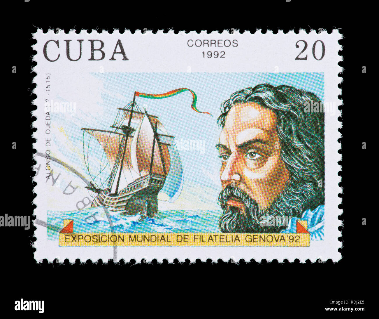 Sello de Cuba representando a Alonso de Ojeda. Foto de stock