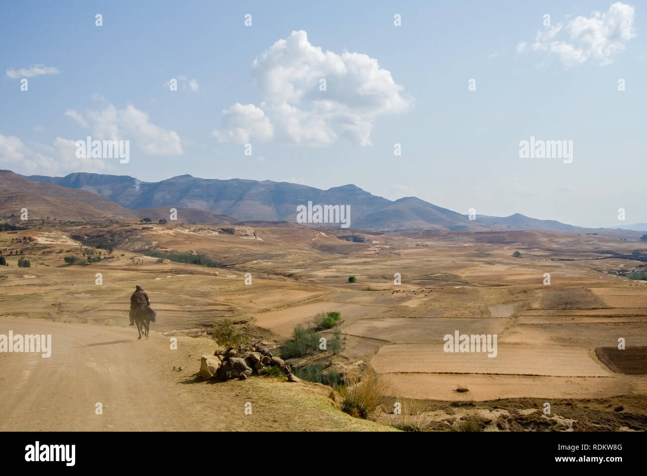 Transporte en caballo es una característica común de la vida de la aldea en una zona rural del distrito de Butha-Buthe, Lesotho. Foto de stock