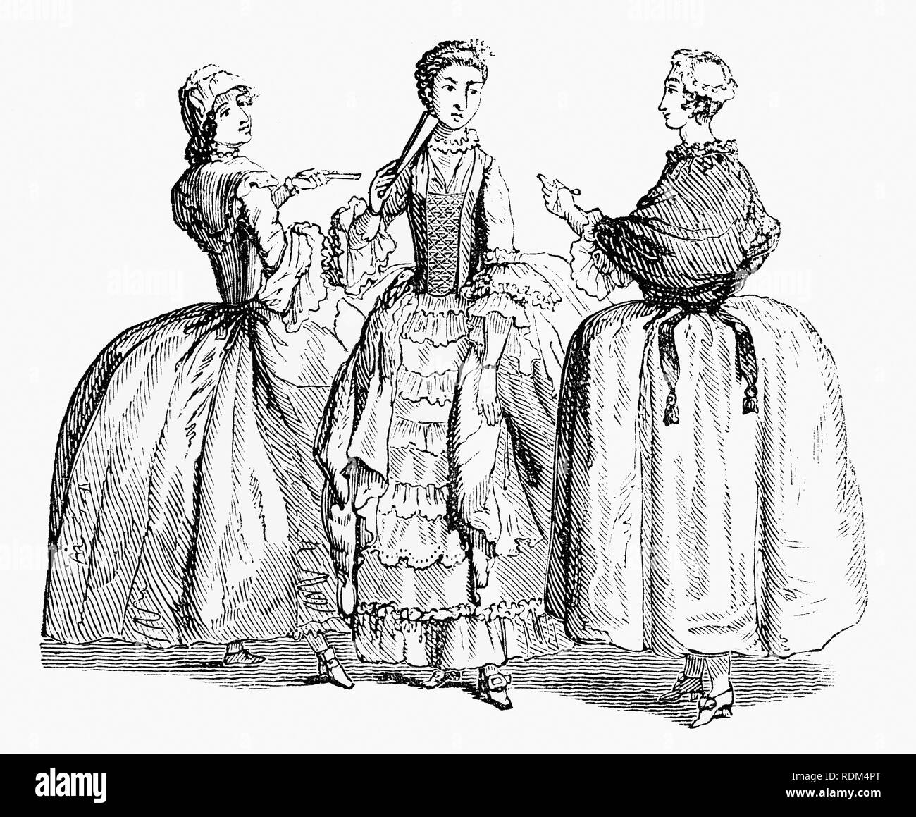 Siglo XVIII womens fashion gastados durante el reinado del Rey George II Foto de stock