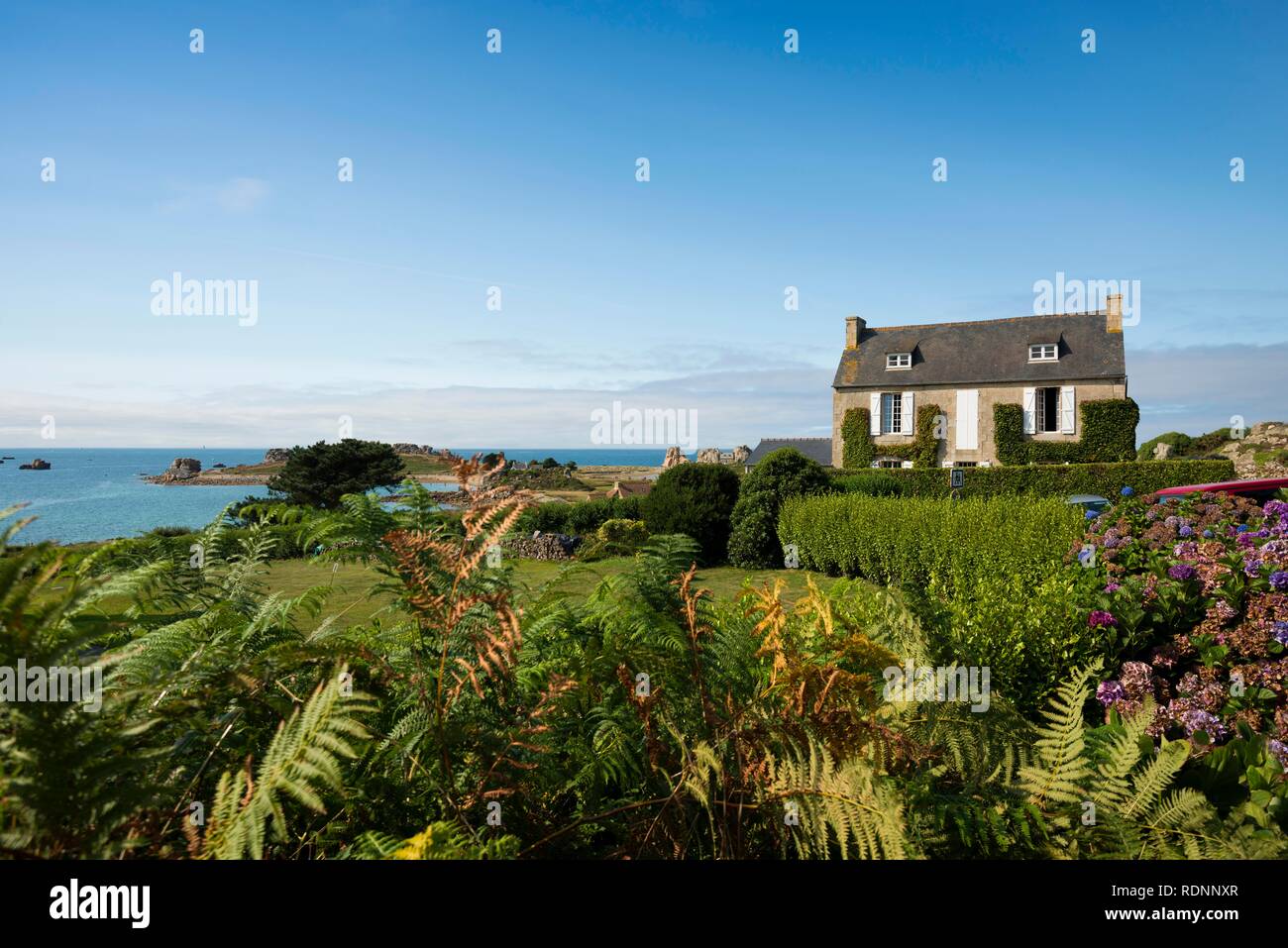 Casa por el mar, la Gouffre, Plougrescant, Côte de Granit Rose, Cotes d'Armor, Bretaña, Francia Foto de stock