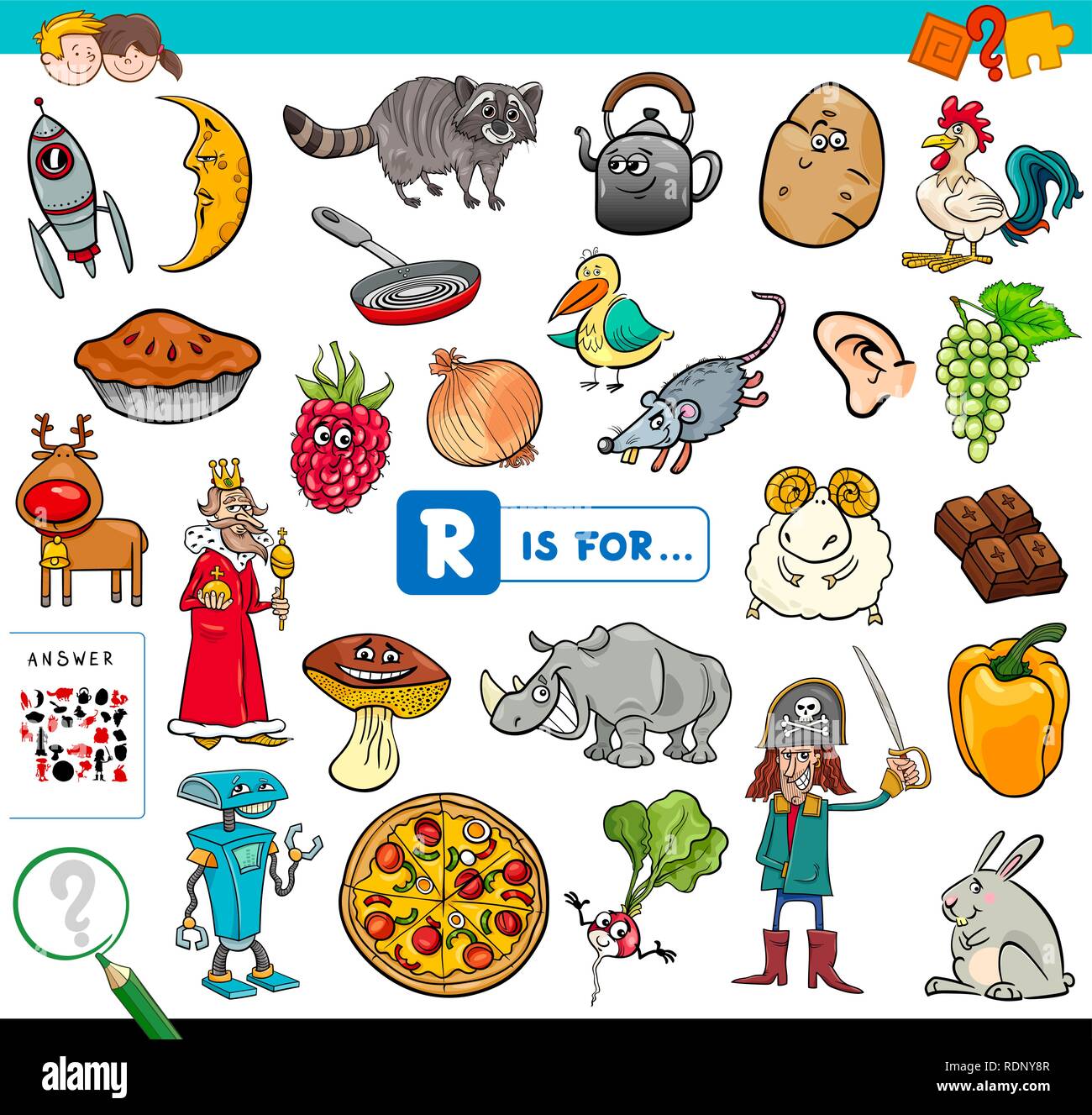 Ilustración de dibujos animados de encontrar la imagen que empiezan con la letra  R Libro de juegos educativos para niños Imagen Vector de stock - Alamy