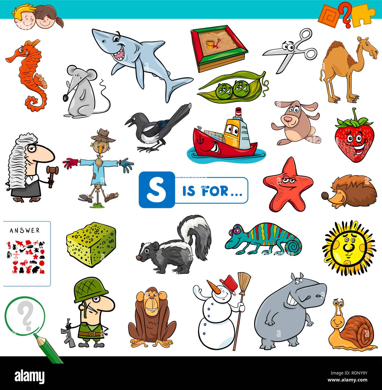 Ilustración de dibujos animados de encontrar la imagen que empiezan con la  letra S Libro de juegos educativos para niños Imagen Vector de stock - Alamy