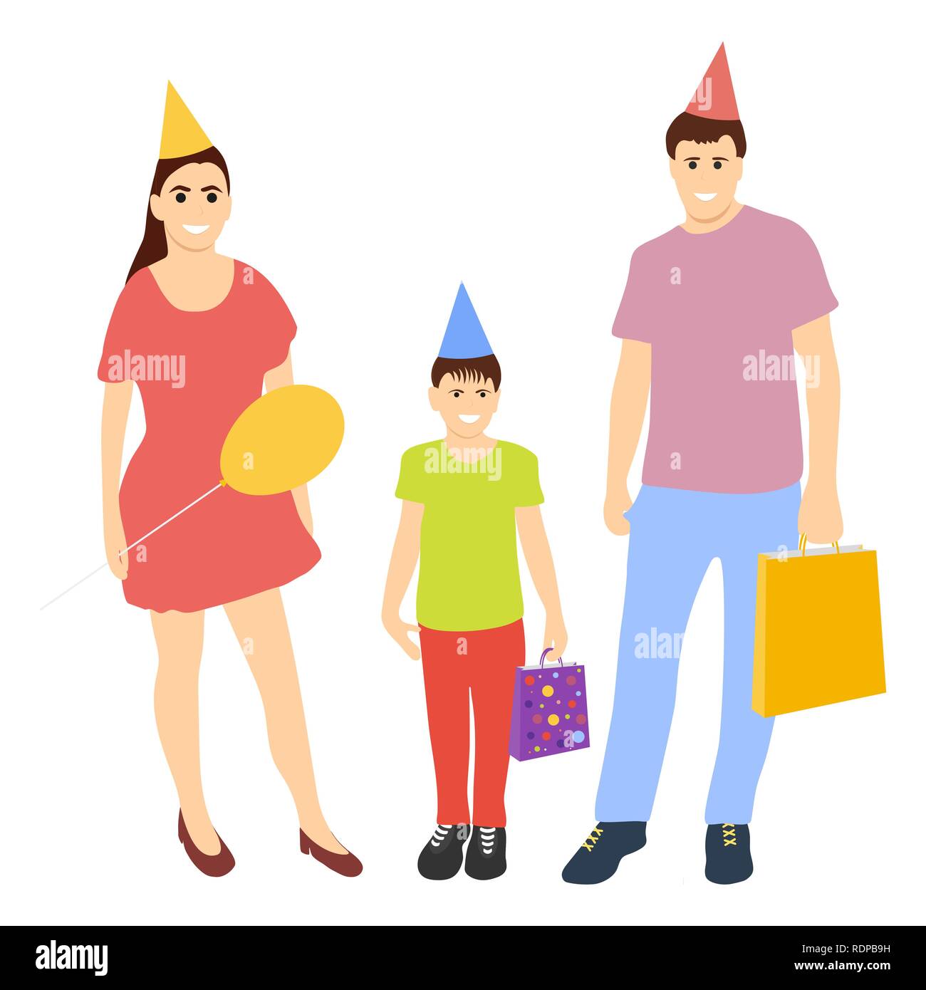Familia feliz con el bebé celebra el cumpleaños de caps sombreros con gif Ilustración del Vector