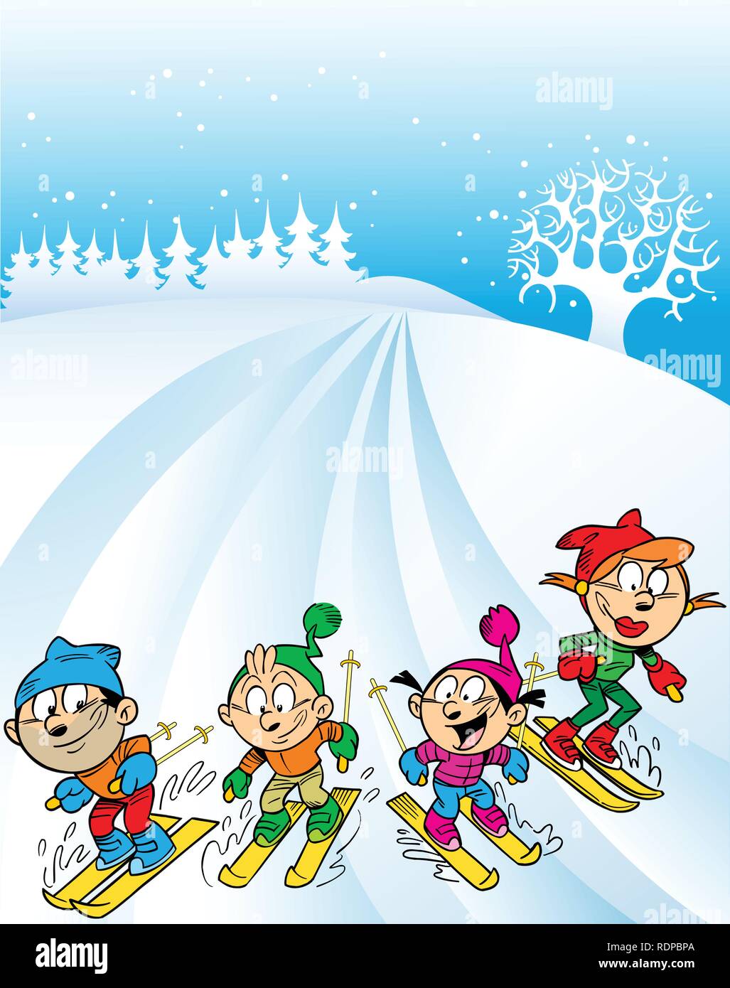 La ilustración muestra una familia viaje de esquí. Los niños con sus padres  a esquiar en la montaña. Ilustración realizada en el estilo de dibujos  animados, en capas separadas Imagen Vector de