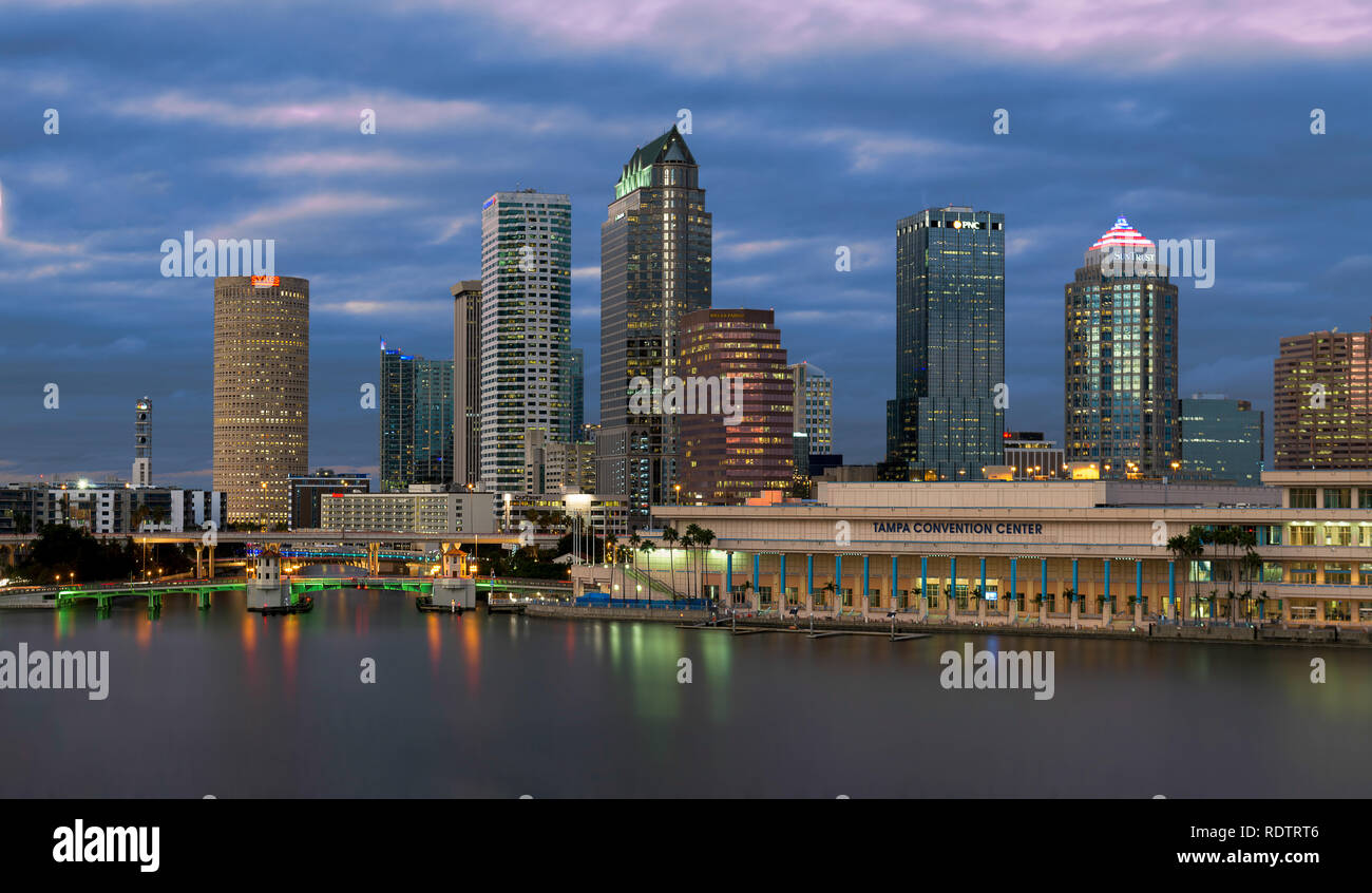 El centro de Tampa skyline en noche en Tampa, Florida Foto de stock