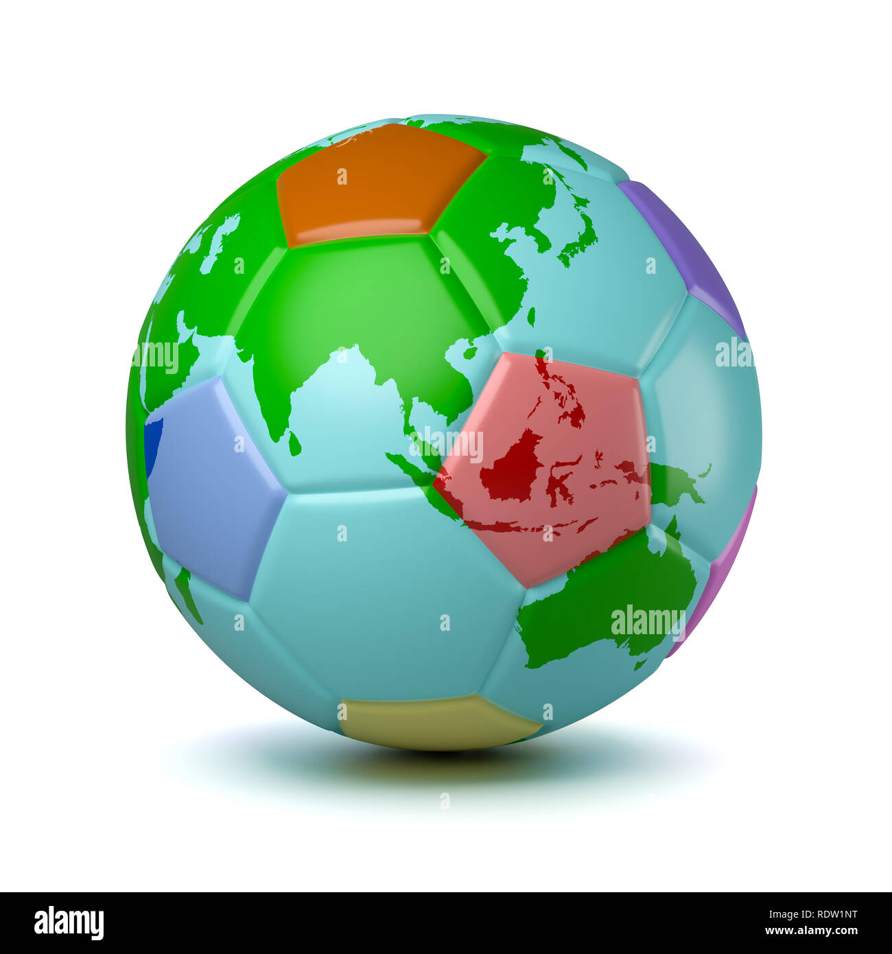 Soccerball coloridos con Mapa del Mundo 3D Ilustración sobre fondo blanco. Foto de stock