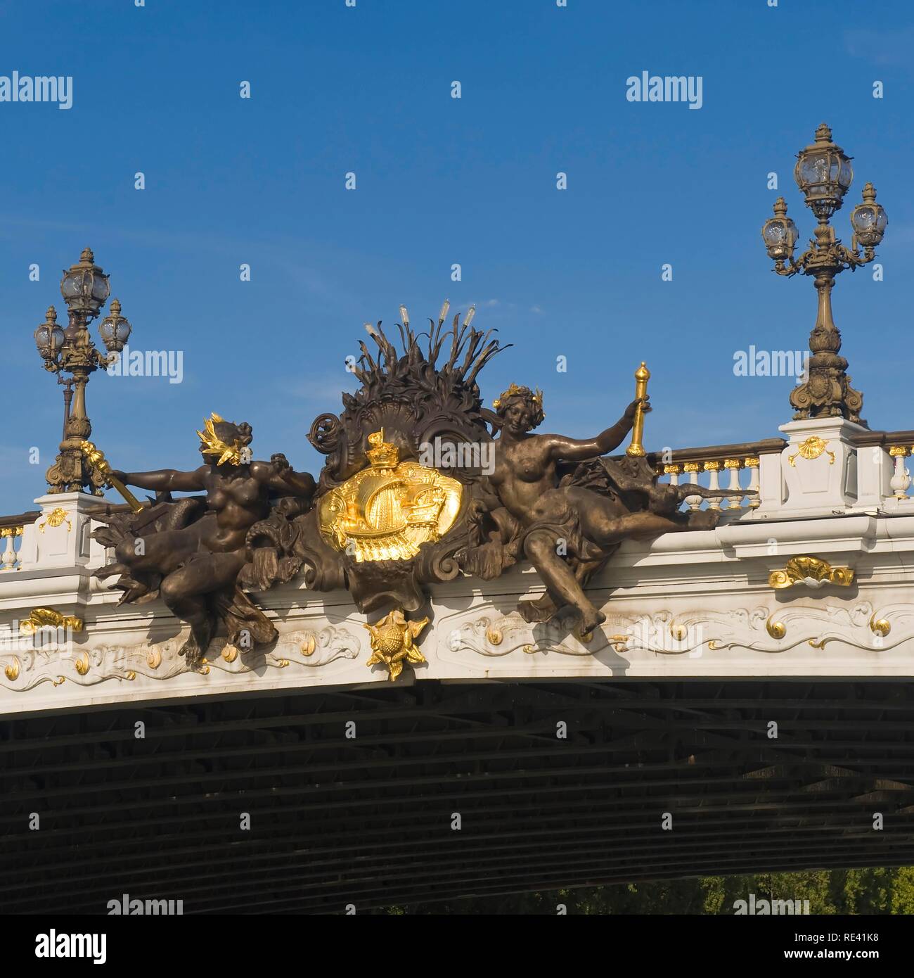 Detalle del puente Alexandre III, orillas del Sena, París, Francia, Europa Foto de stock