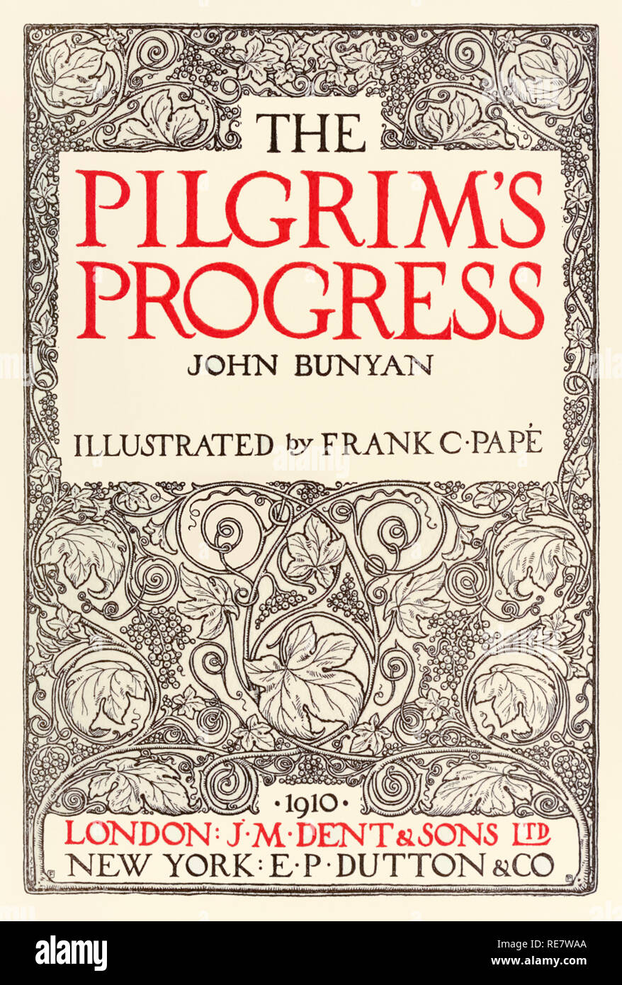 Página del título de "El Progreso del Peregrino" por John Bunyan (1628-1688) diseñado por Frank C. Papé (1878-1972) y publicados por J. M. Dent en 1910. Ver más información a continuación. Foto de stock