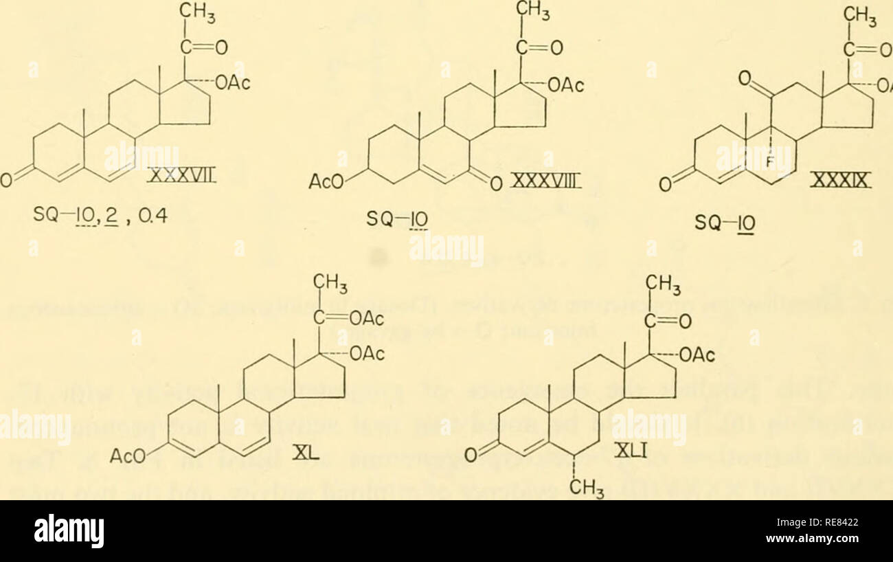 . Control de la ovulación; actas de la conferencia celebrada en la Casa de Endicott, Dedham, Massachusetts, 1960. - La regulación de la ovulación. 4.0.08.0.016 SQ-2.0.0-10,2 Fig. 7. Los derivados de la 17-hidroxiprogesterona. (La dosis en miligramos. SQ = inyección subcutánea; O = por sonda.) ^-OAc. SQ-IO ,04,008,0.016 SQ-2.0.0 2 , 04,0.08 4.0.08.0.016 O-jO ,2 , 0.4, 0016 Fig. 8. Los derivados de la 17-hidroxiprogesterona. (La dosis en miligramos. SQ = inyección subcutánea; O = por sonda). Por favor tenga en cuenta que estas imágenes son extraídas de la página escaneada imágenes que podrían haber sido mejoradas digitalmente para la legibilidad - colo Foto de stock