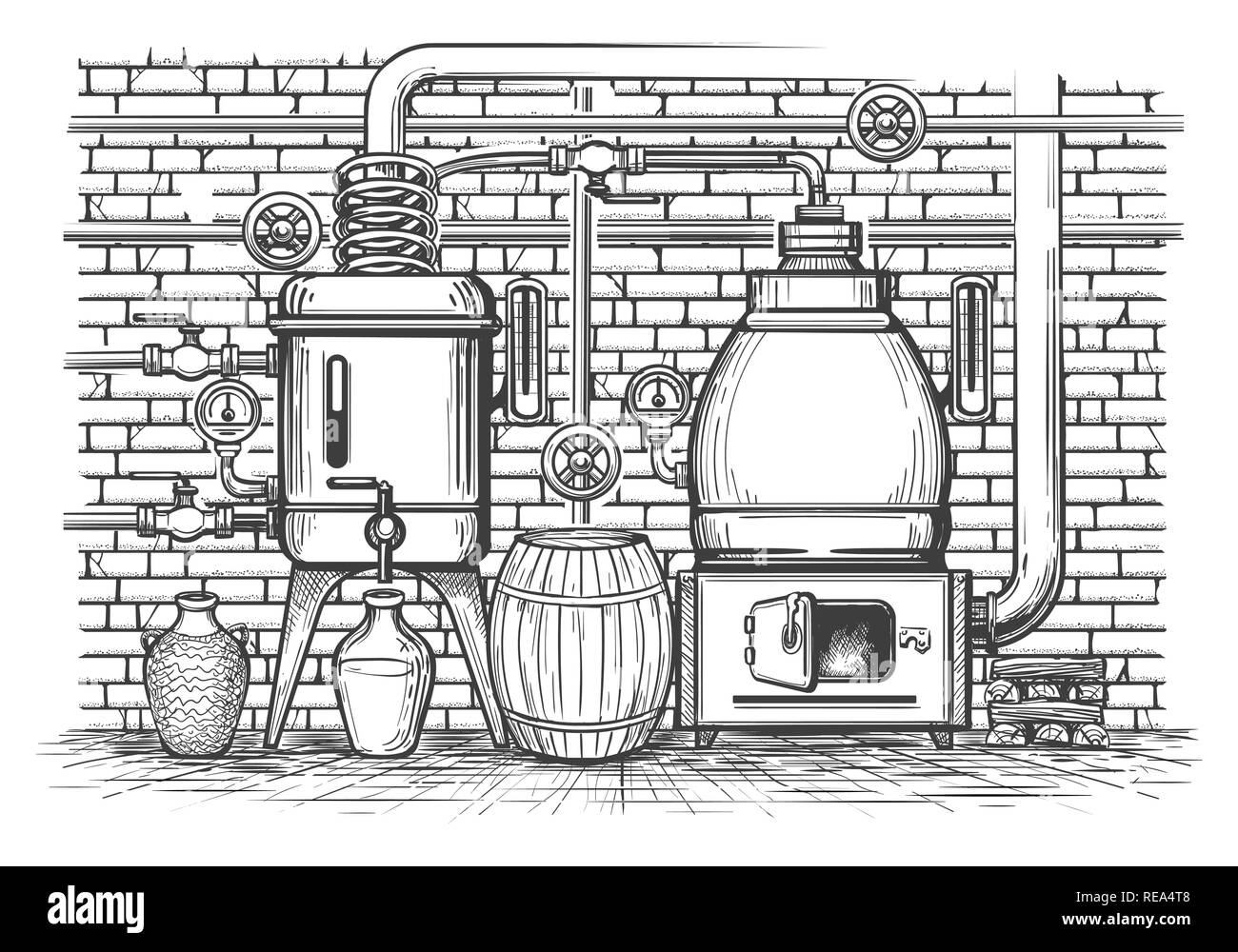 Vintage Equipos de destilación. Sketch viejo aparato de destilar whisky destilado del depósito de cobre metálico vintage moonshine, ilustración vectorial Ilustración del Vector