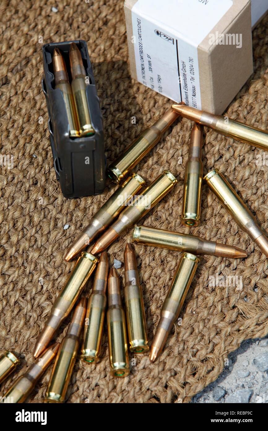 Cartuchos, municiones, calibre 308, para armas largas, rifles, rápido-fuego de fusil, revista, embalaje, proyectiles Foto de stock