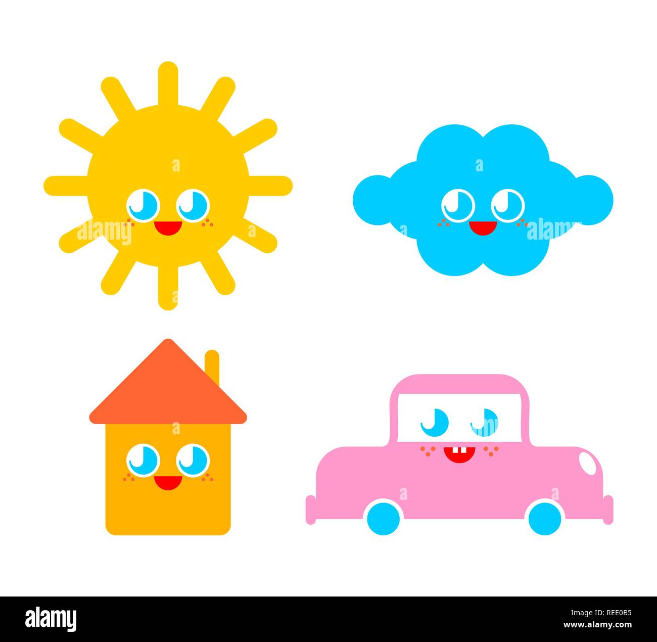 Conjunto de caracteres. lindo gracioso sol y nubes. Casa y coche estilo de  dibujos animados. niños personaje. Estilo infantil Imagen Vector de stock -  Alamy