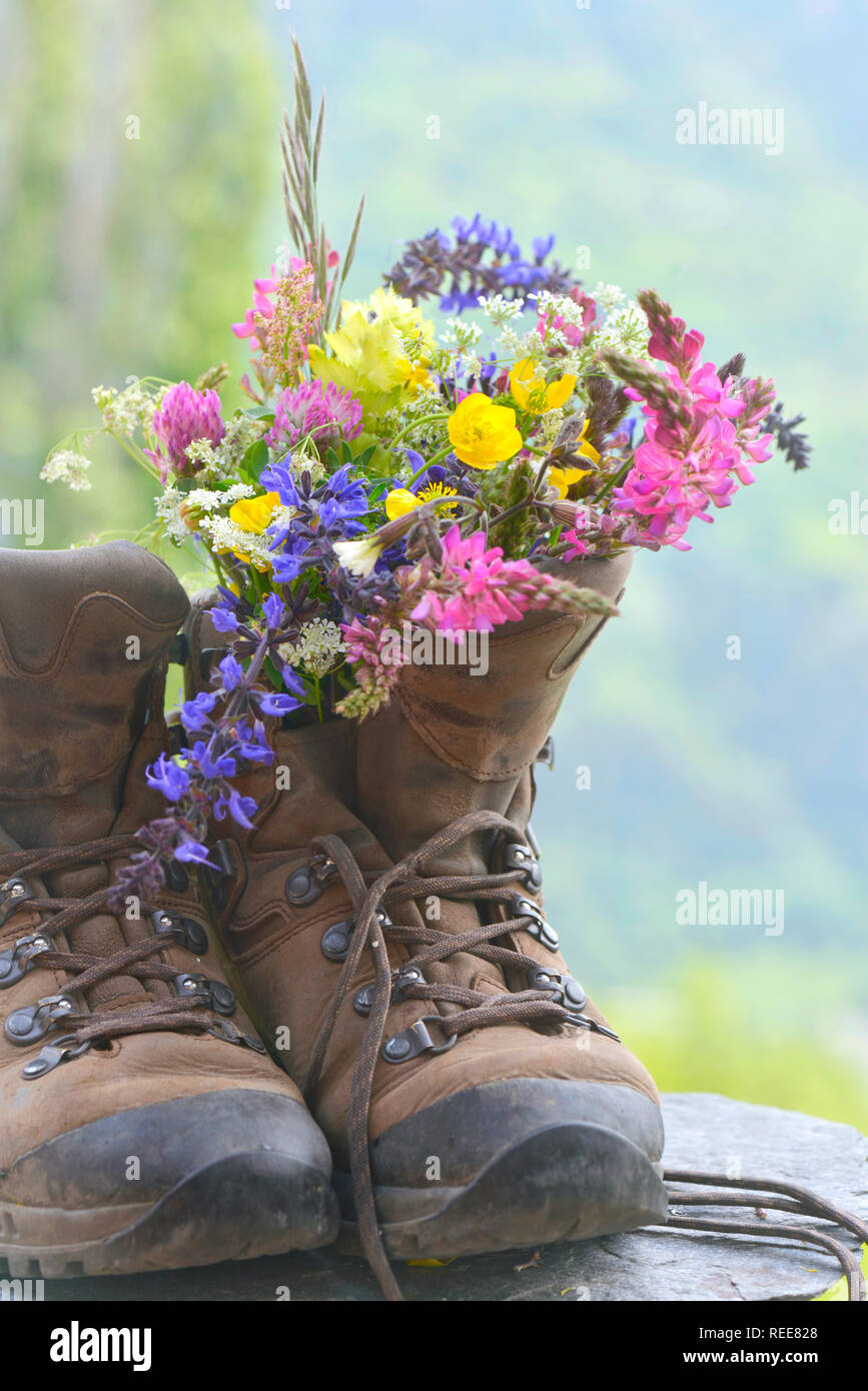 Ramo de flores coloridas y bonitas puestas en botas de montaña Fotografía  de stock - Alamy