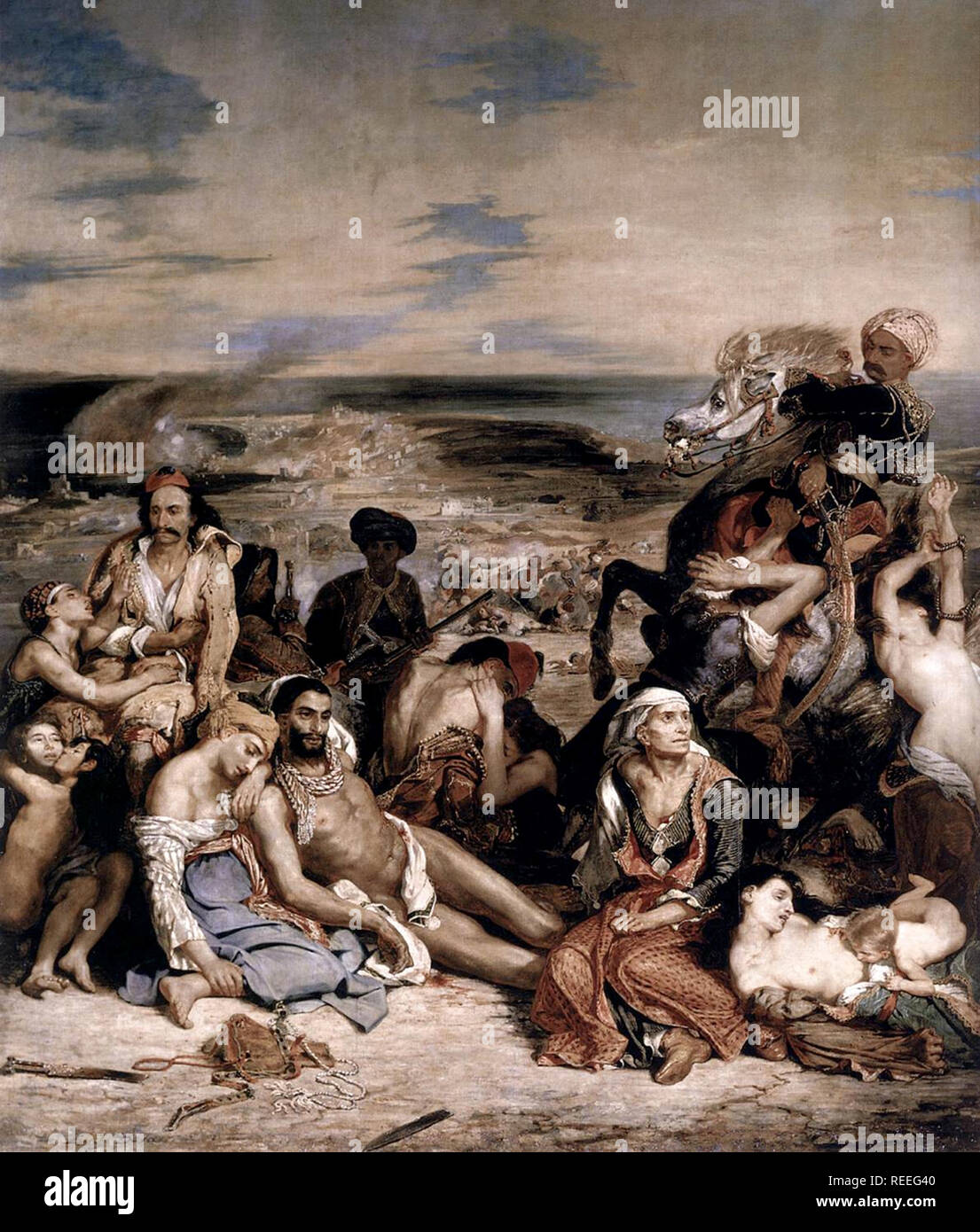 La masacre de Chios por Eugène Delacroix representa un ataque militar contra los habitantes de Chios por fuerzas Otomanas el 11 de abril de 1822 Foto de stock