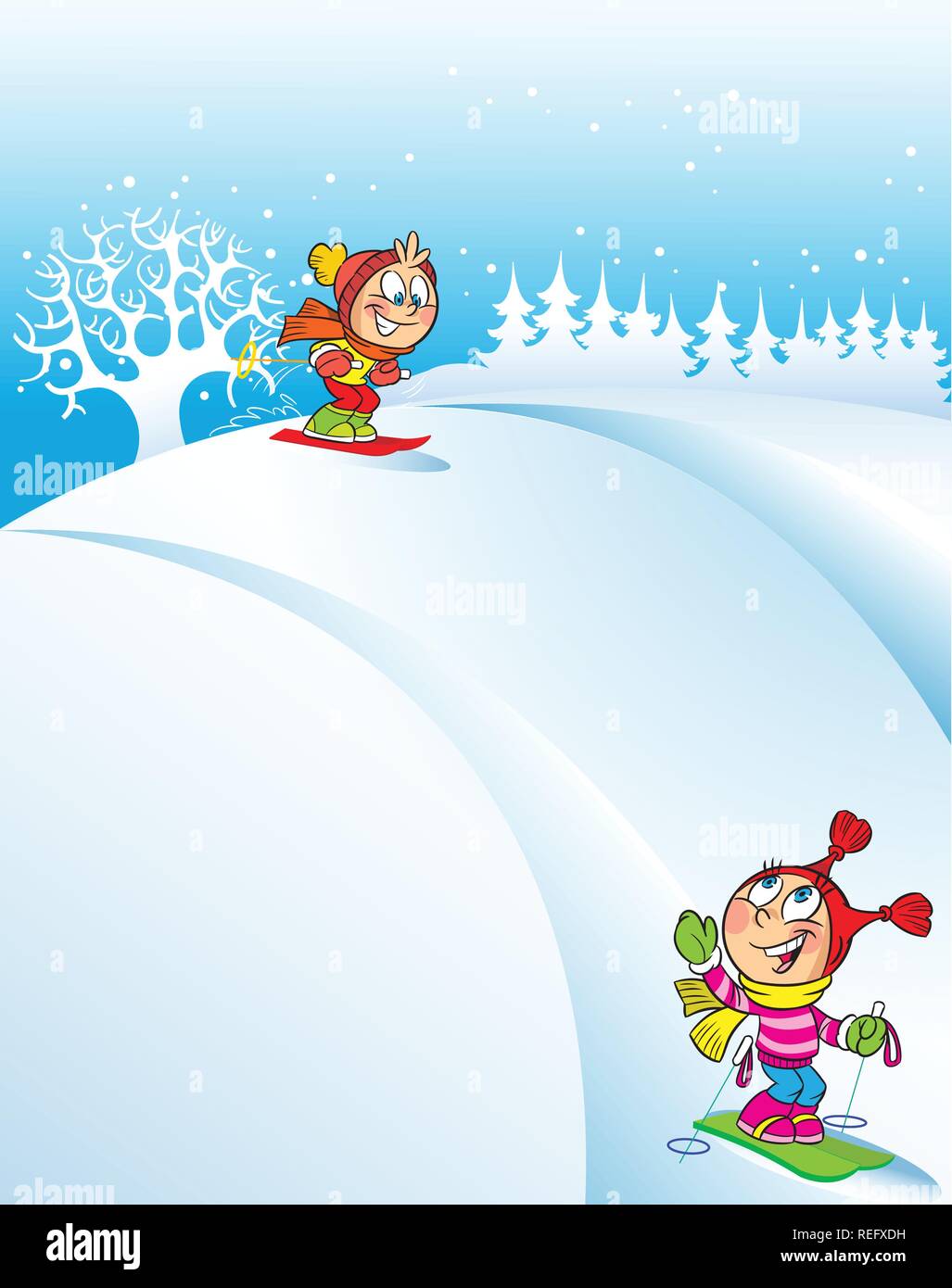 La ilustración muestra los niños abajo de las colinas de esquí en invierno.  En el Cerro Nevado de fondo y árboles. Ilustración realizada en el estilo  de dibujos animados Imagen Vector de