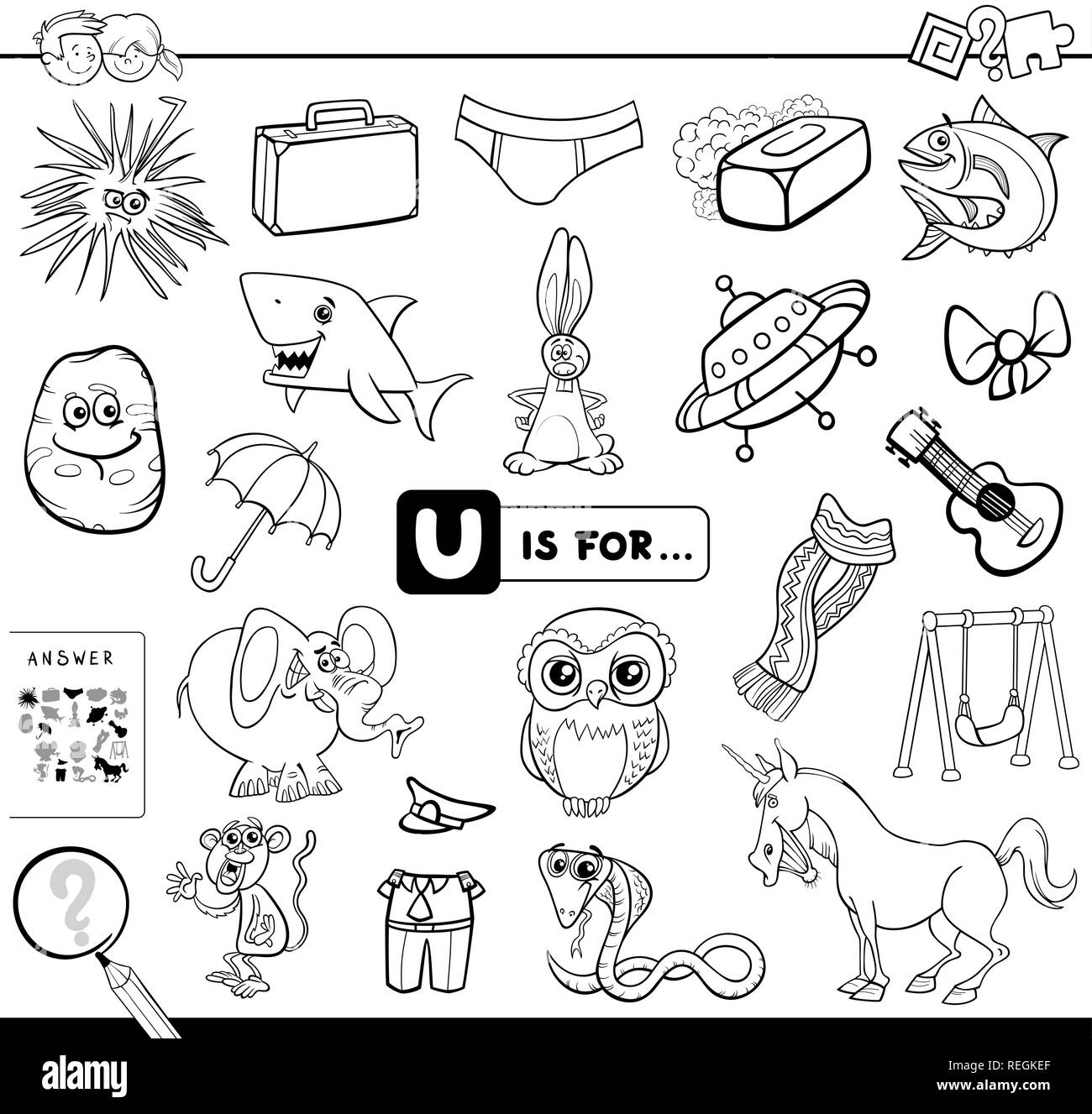 Ilustración caricatura en blanco y negro de encontrar la imagen que  empiezan con la letra U Juego educativo Libro Libro para colorear para los  niños Imagen Vector de stock - Alamy