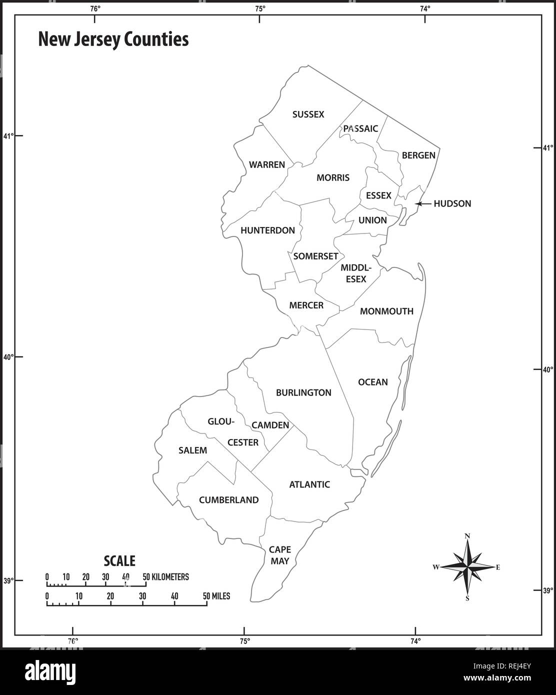 El estado de Nueva Jersey, administrativos y políticos de esquema mapa de vectores en blanco y negro Ilustración del Vector