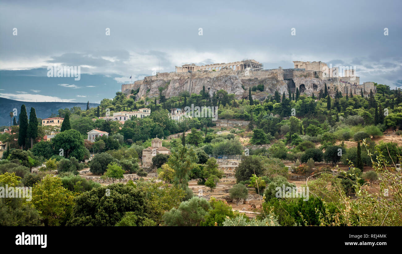 Ágora y la Acrópolis de Atenas, Grecia Foto de stock