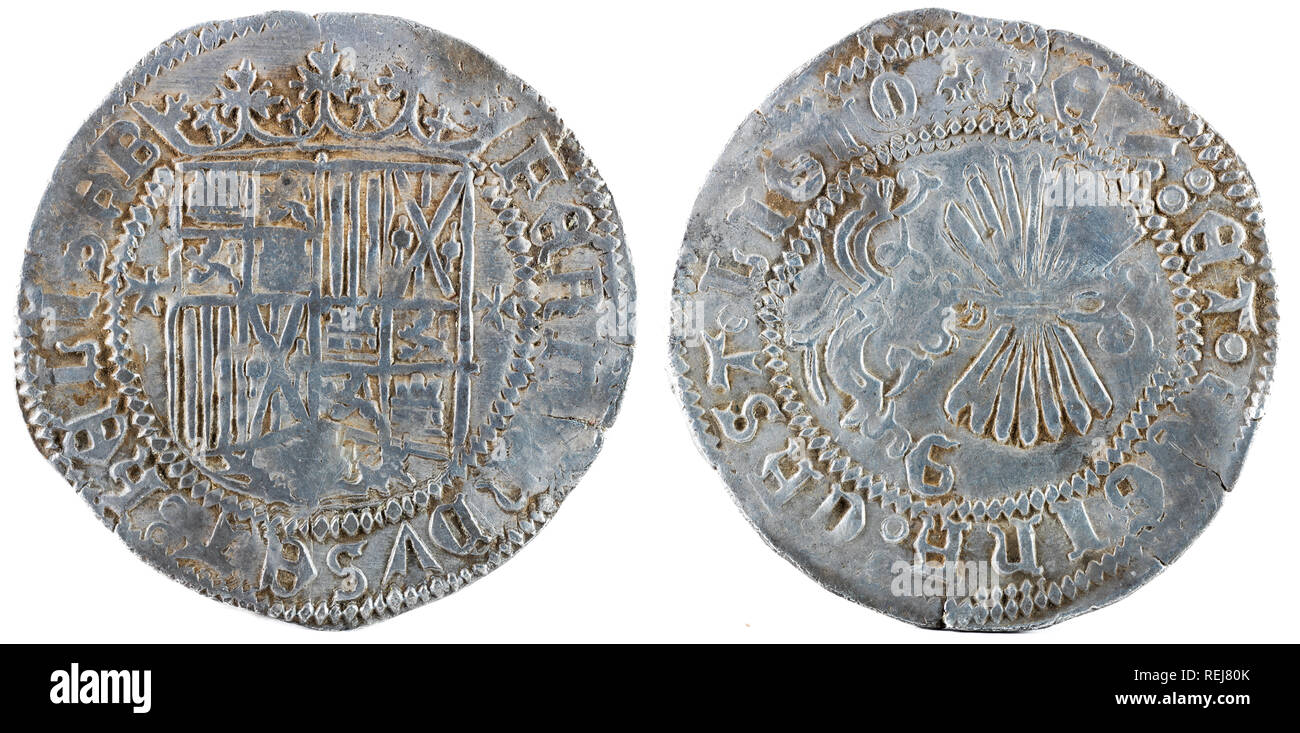 Antigua moneda de plata española de los reyes Fernando e Isabel. Reyes Católicos. Acuñado en Granada. Real. Foto de stock
