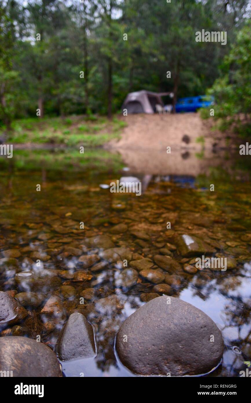 Camping junto a Teemburra Creek en el Captain's Crossing, Mia Mia State Forest, Queensland, Australia Foto de stock