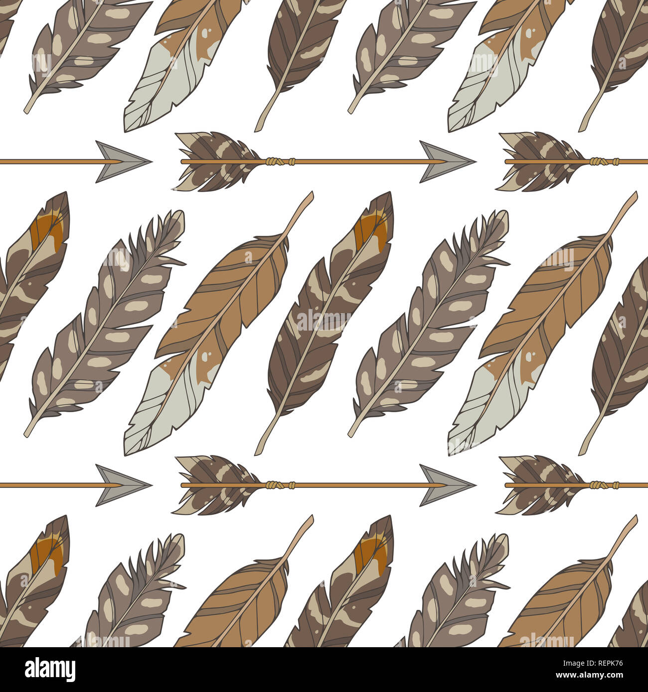 Ilustración perfecta del estilo de dibujos animados patrón con plumas de  águila marrón natural y flechas sobre fondo blanco Fotografía de stock -  Alamy