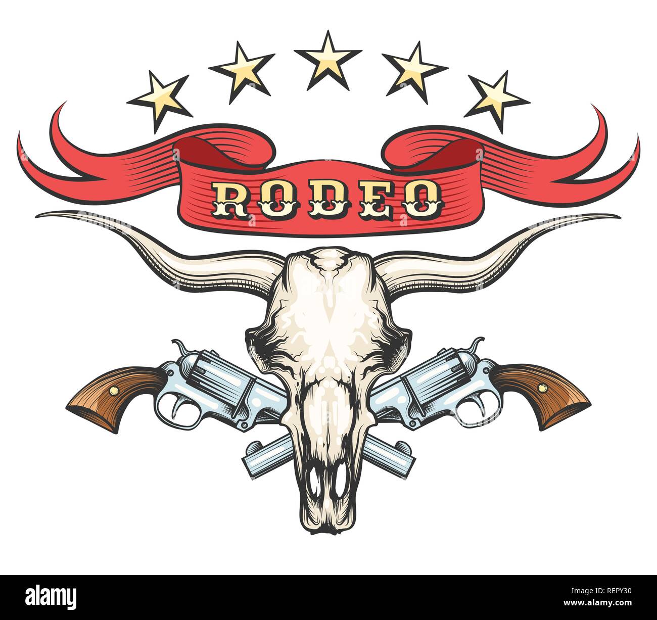 Cráneo de toro con un par de revólveres y cinta con redacción Rodeo dibujado en estilo de tatuaje. Ilustración vectorial Ilustración del Vector