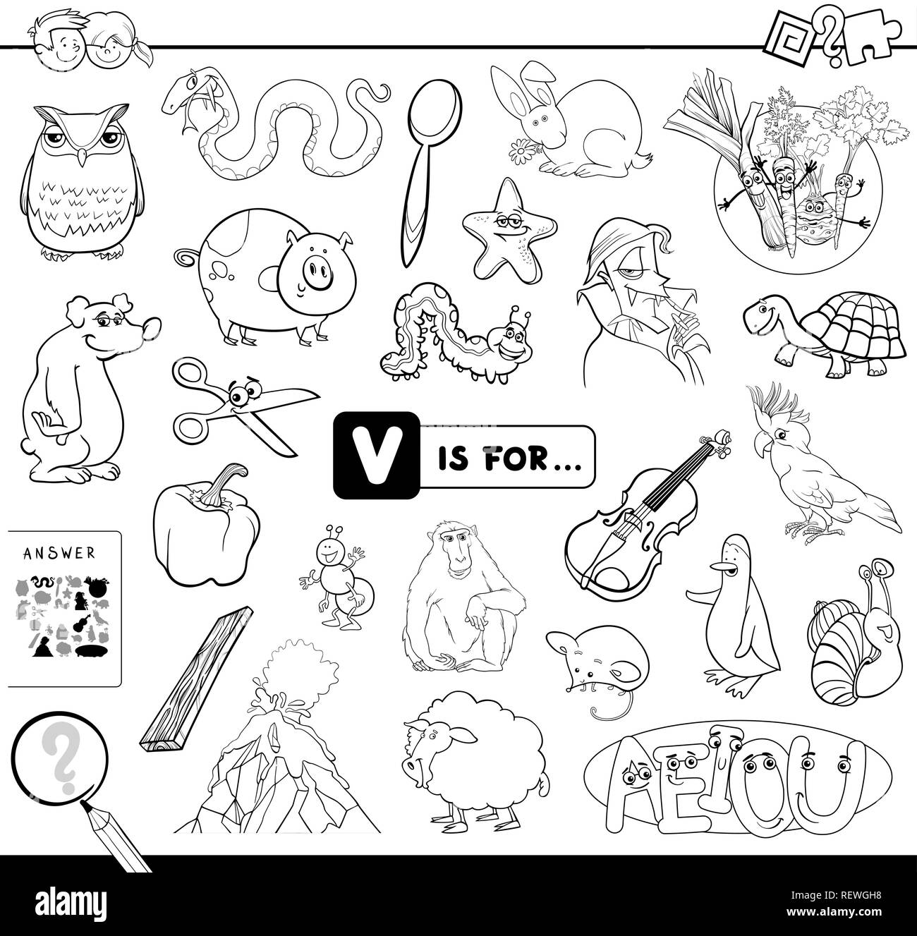 Ilustración caricatura en blanco y negro de encontrar la imagen que  empiezan con la letra V Juego educativo Libro Libro para colorear para los  niños Imagen Vector de stock - Alamy