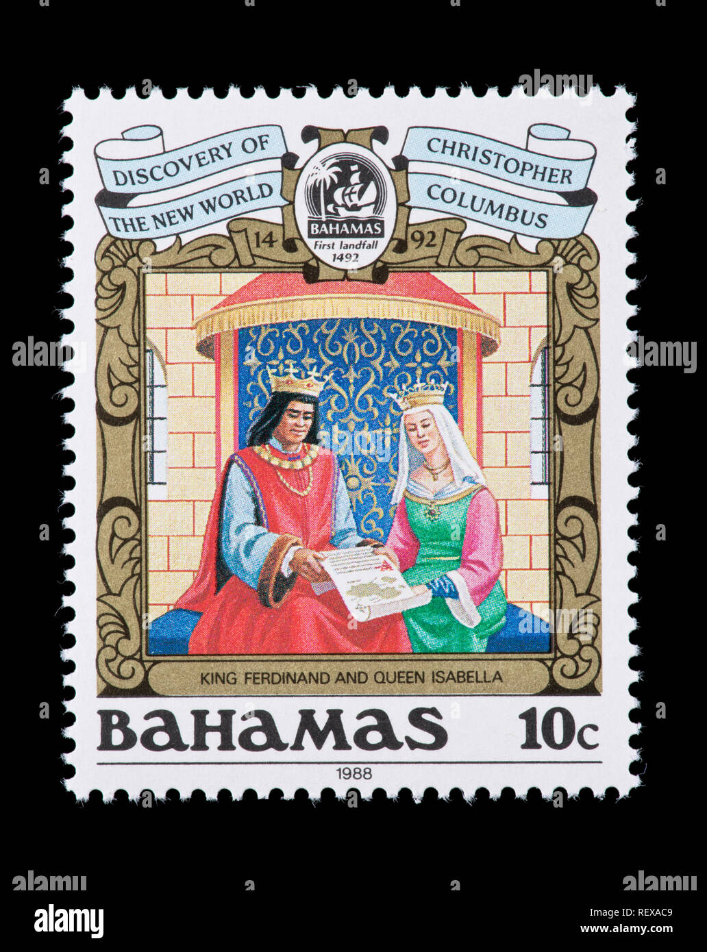 Sello de Bahamas representando el rey Fernando y la Reina Isabel, el quinto centenario del descubrimiento de América Foto de stock