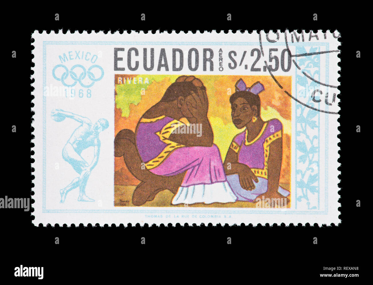 Sello de Ecuador representando arte nativo (Rivera pintando dos mujeres) para los Juegos Olímpicos de 1968 la Ciudad de México Foto de stock