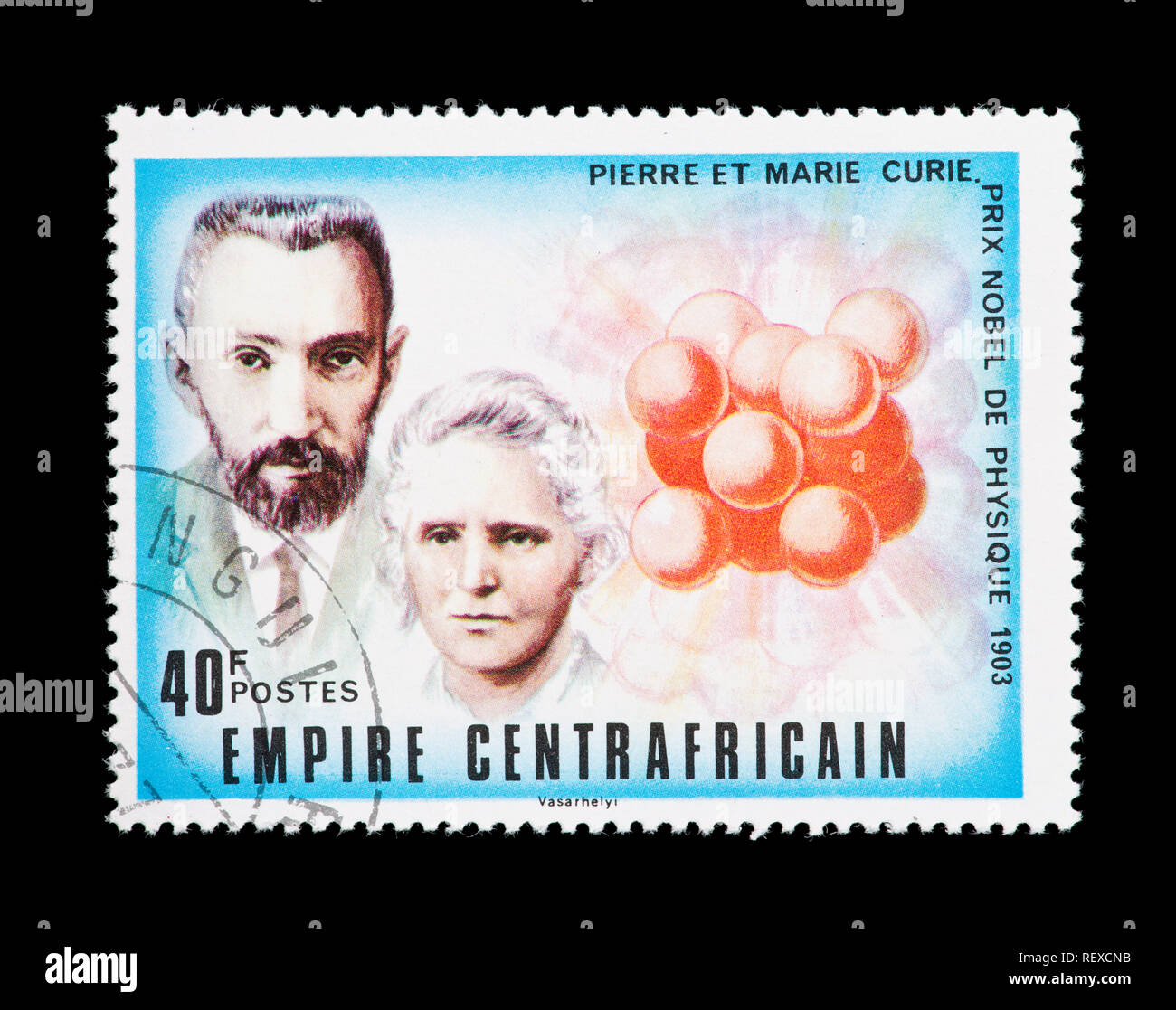 Sello de la República Centroafricana representando a Pierre y Marie Curie, descubrimiento de la radioactividad. Foto de stock