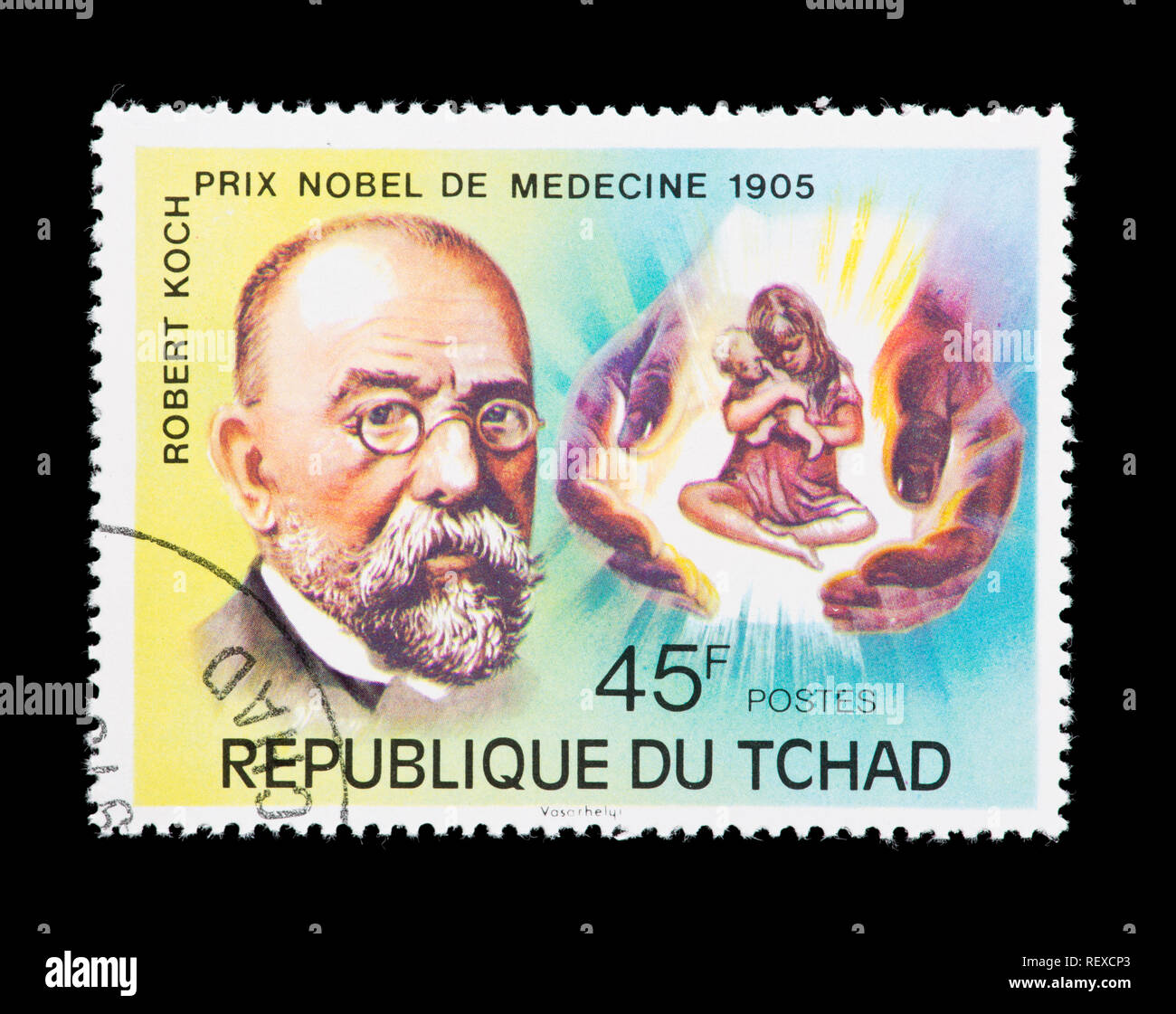Sello del Chad representando Robert Koch, descubridor de la bacteria de la tuberculosis Foto de stock